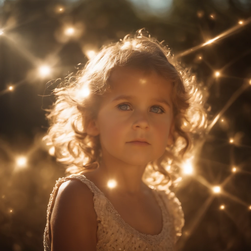 irish precious girl sleeping in cornfield with alien, nighttime, fireflies, closeup, cottoncandy, style of sally mann in color