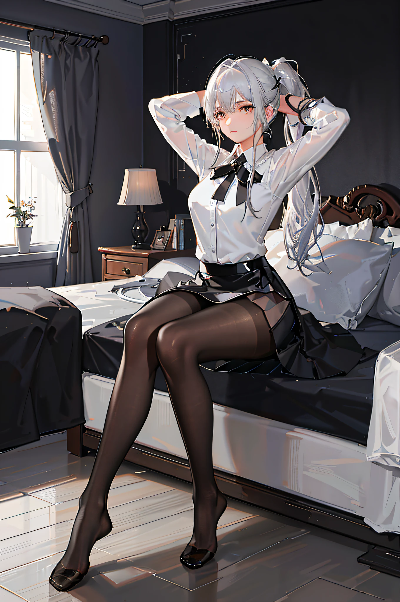 （（（1个Giant Breast Girl）），Ray traching，（dim murky lights），[detailedbackground（Bedrooms）），（（Silvery hair）），（（Silvery hair）），（（（（（Fluffy silver hair，plump and slender girl））Wears a high ponytail）））Avoid golden eyes in the ominous bedroom（（（（Girl wears white shirt，Black wrinkled skirt，Wear yours with black sheer pantyhose），It shows a delicate and slender figure and beautiful curves，Correct limbs，sit on a bed，Put your hands behind your head，Put both hands behind your head，Open your legs，does not wear panties，Large breasts，black lence stockings