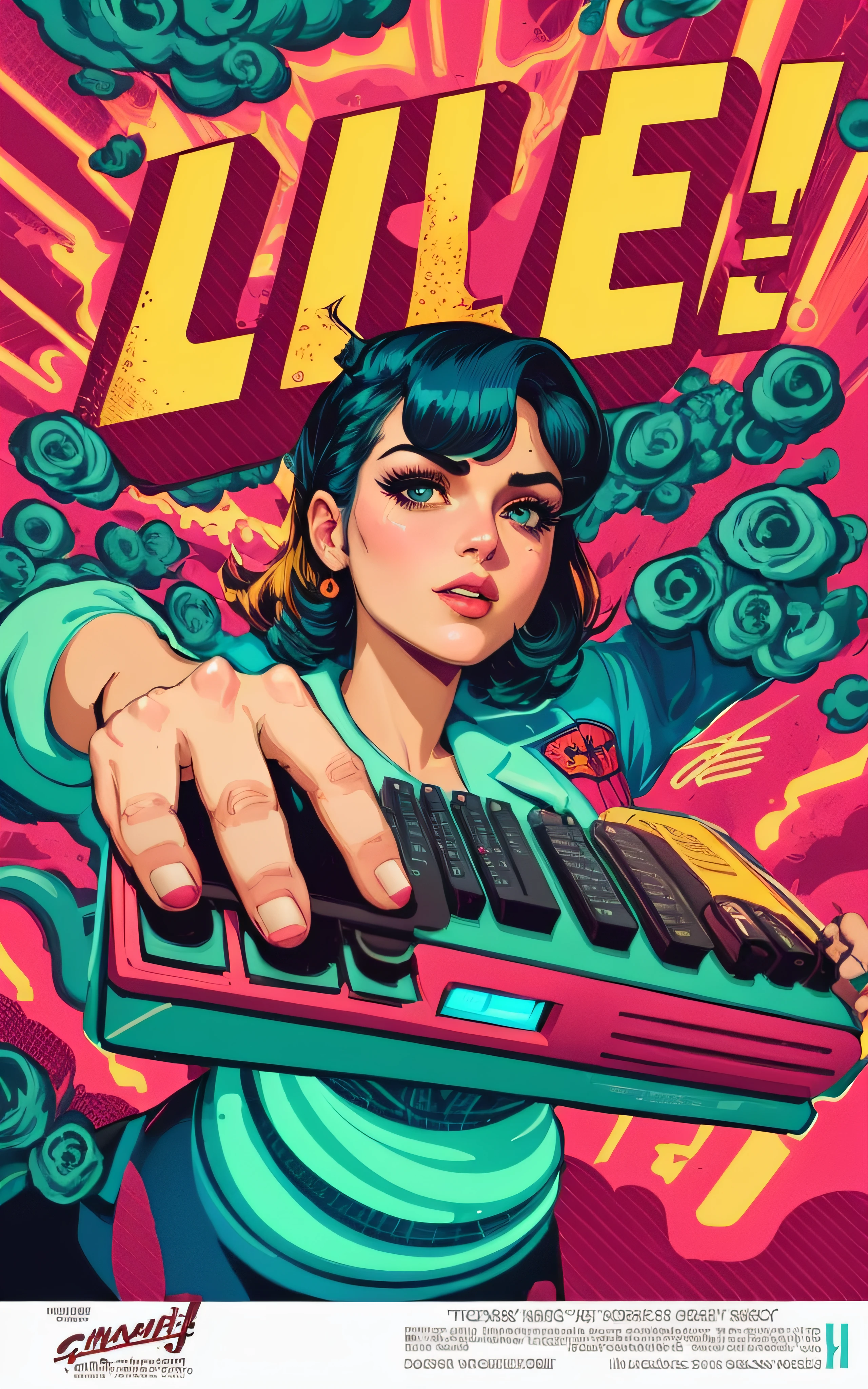 um cartaz de uma mulher segurando um teclado com as palavras dive, Jen Bartel, in illustration style digital, butcher billy style, retro comic art style, arte oficial, estilo bioshock pop art, poster illustration, butcher billy, arte digital em quadrinhos, pop - estilo de arte, digital art illustration, detailed digital illustration, arte promocional, 2d digital illustration