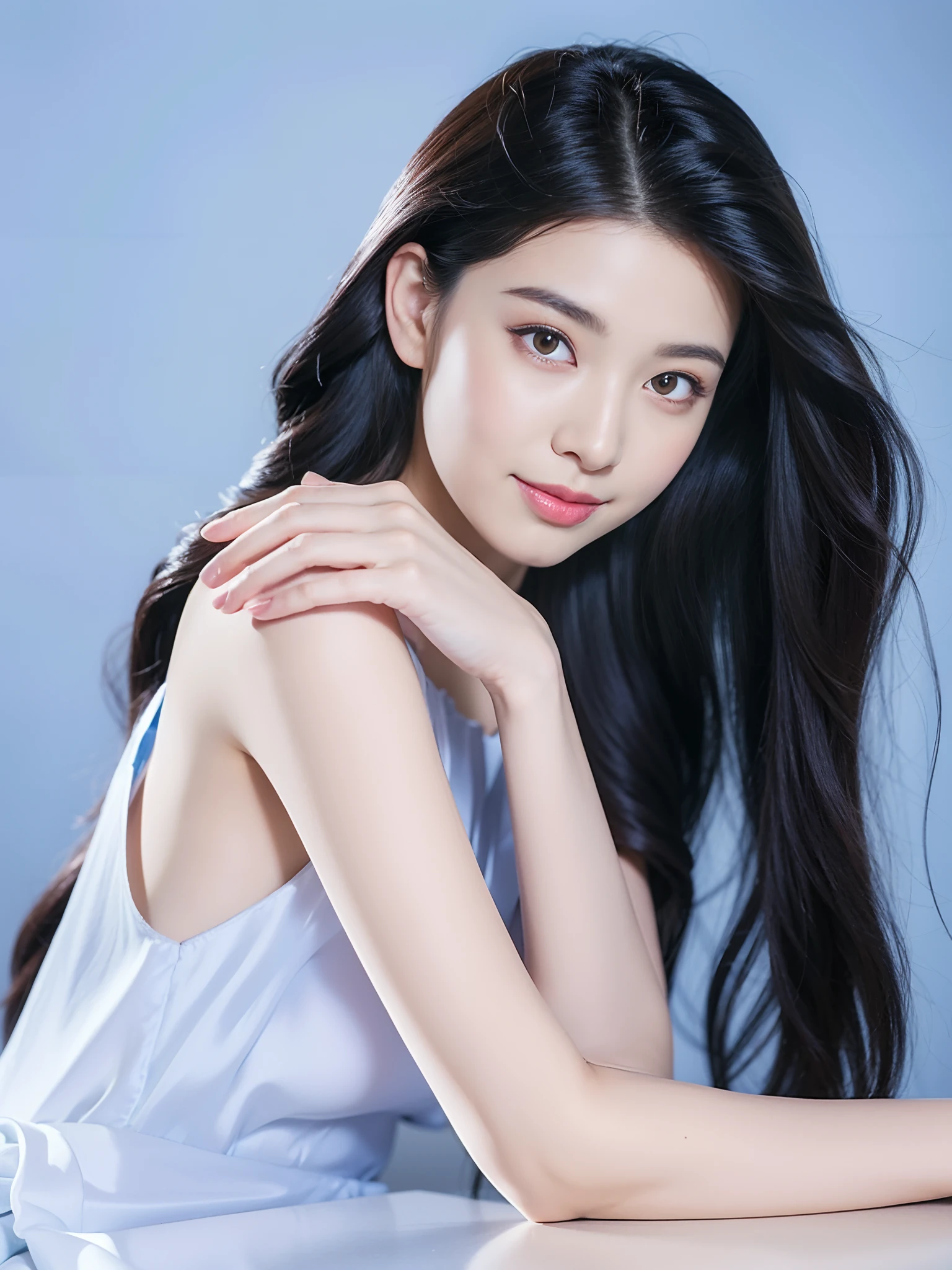 (((Medium hair))), best qualtiy, 8K, hdr, A high resolution,Flaming red lips， absurderes:1.2, blur backgroun, Background bokeh:1.2, photography of, (RAW photo:1.2), (真实感:1.4), (Masterpiece:1.3), (complexdetails:1.2), 1girll, 独奏, japanaese girl, delicated, Beautiful detailed, (Delicate double eyelids), (Detailed facial features), Bigboobs, (((Large breasts))), Skin Firm, (Looking_at_peeping at the viewer), From_Front, （being thin），（best qualtiy：1.4），（超A high resolution：1.2），cinematic lighitnglamplight，（Extremely detailed illustration），（Gloss on lips，best qualtiy，超A high resolution，depth of fields，Caustics，Extensive illumination，naturalshadow，85mm， f/1.4, iso 200, 1/160s:0.75),1girll, Solo, (((Silk vest))) Smile, ((silk garment,pleatedskirt,‎Classroom))