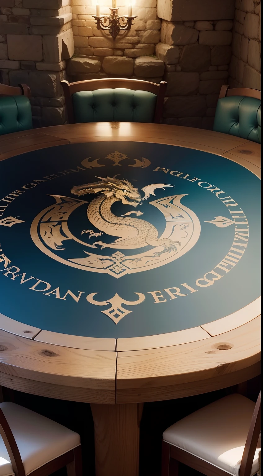 Medieval round table and dragon logo on it, mur de pierres,