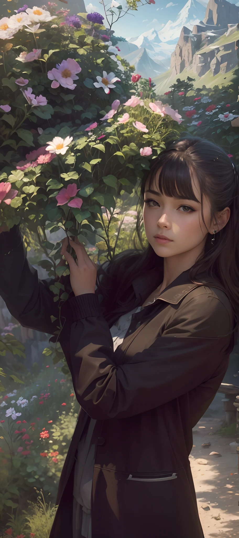 A highly detailed picture,flower in the head,mountain in background,realistic