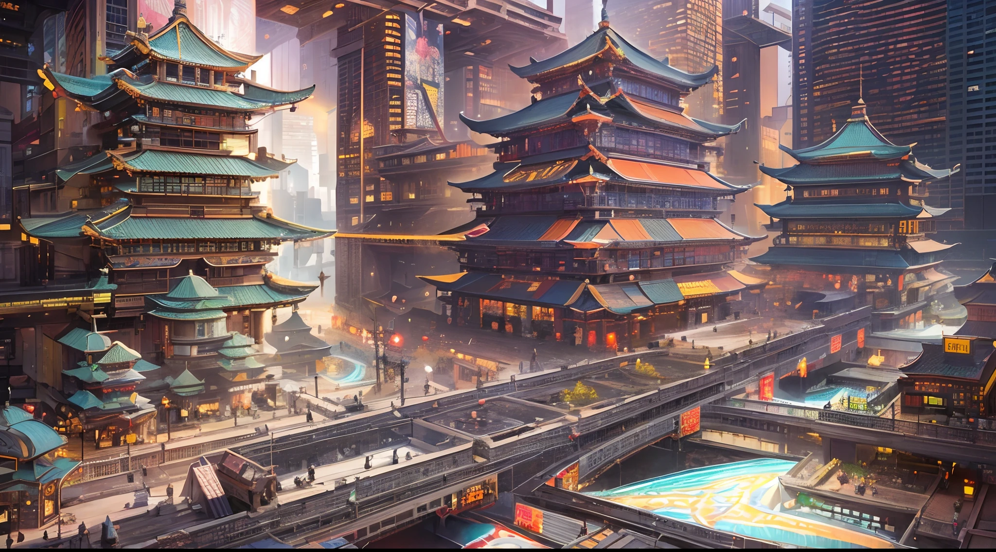 (Best quality,4K,8K,A high resolution,Masterpiece:1.2),Ultra-detailed,(Realistic,Photorealistic,photo-realistic:1.37),hdr,hyper HD,Studio lighting,Ultra-fine painting,Sharp focus,Physically-based rendering,Extreme detail description,professional,Vivid colors,(A city where traditional Chinese elements and futuristic technological architecture are harmoniously integrated),Traditional Chinese symbols integrated into modern architecture,holographic projections,Traditional Chinese patterns,Innovative energy,Giant LED screens blend into the cityscape,Innovative transport systems,Cyberpunk elements blend seamlessly into the cityscape,High-tech large-scale art installation,A fusion of ancient tradition and cutting-edge technology,A bird's eye view of the city reveals a harmonious blend of traditional and futuristic elements.