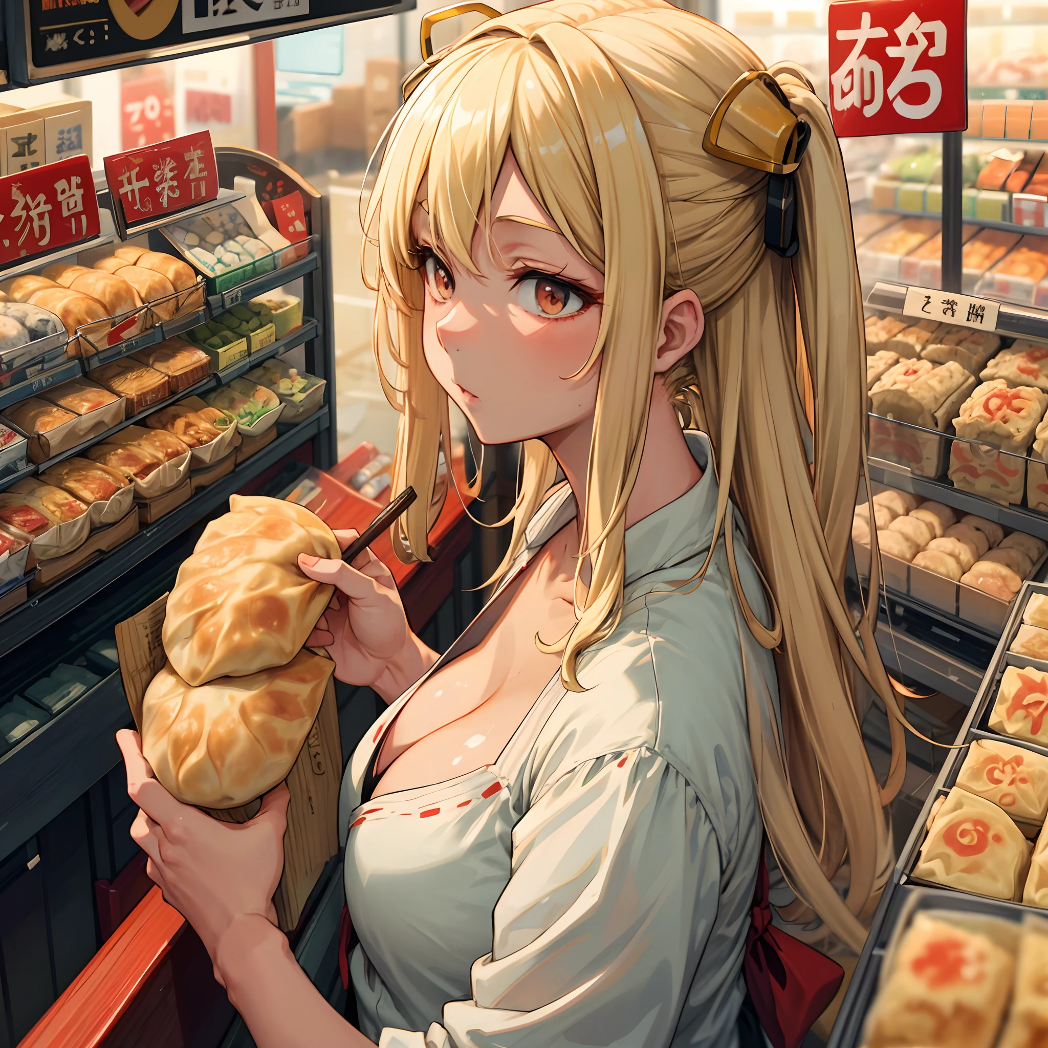 (best quality:1.4), anime, solo, A blonde girl in supermarket gyoza dumplings jiaozi, cleavage