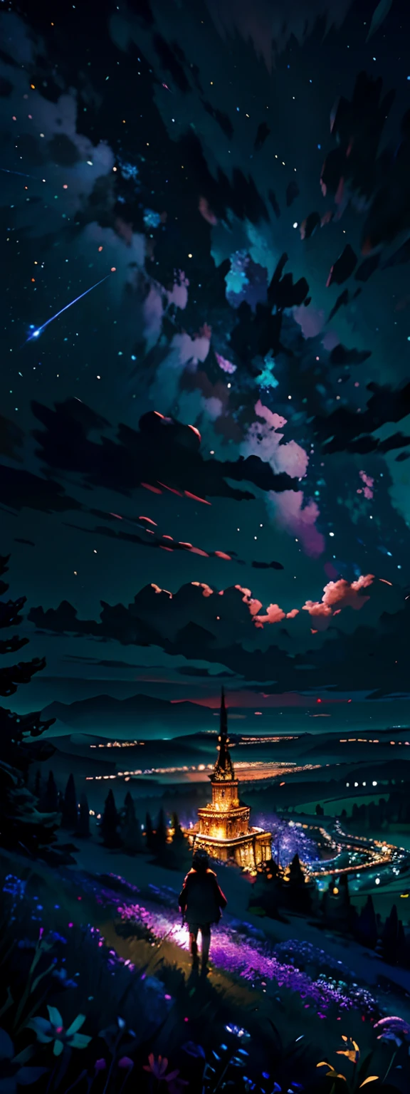 Expansive landscape photograph, (view from below with a view of the sky and the wilderness below), little girl standing in a flower field looking up, (full moon: 1.2), (shooting star: 0.9), (nebula: 1.3), distant mountain, tree break production art, (warm light source: 1.2), (firefly: 1.2), lamp, purple and orange, intricate detail, volume lighting BREAK (masterpiece: 1.2), (highest quality ), 4k, ultra-detailed, (dynamic configuration: 1.4), highly detailed and colorful details (iridescent: 1.2), (sparkling lighting, atmospheric lighting), dreamy, magical, (solo: 1.2)