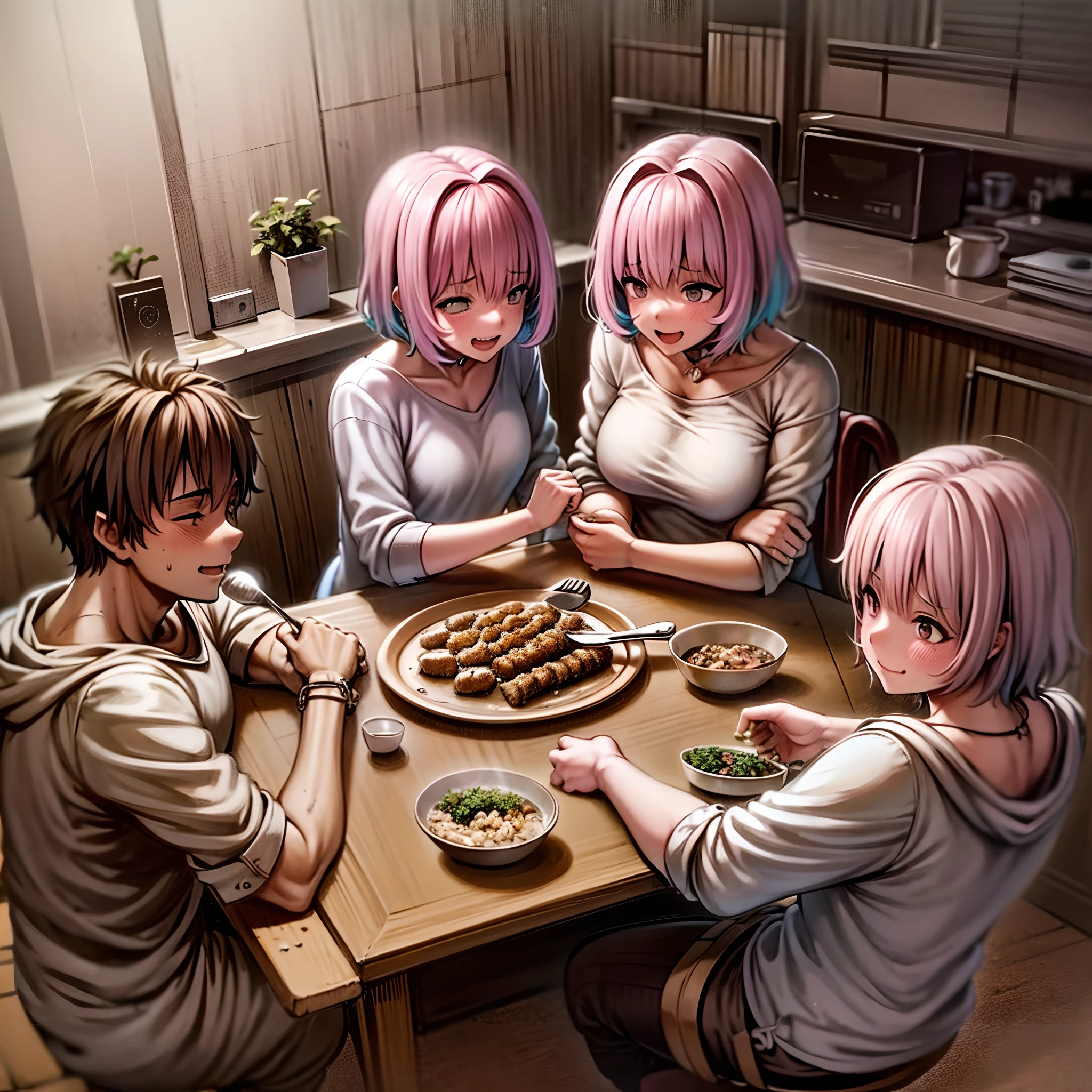 riamu yumemi,guts,couple,husband and wife,riamu motherly,house wife,cooking,mother and son,children,family,happy,(best quality,4k,8k,highres,masterpiece:1.2),ultra-detailed,(photo1.37),joyful,loving,embrace,adorable,cheerful,blissful,togetherness,warmth,smiles,vibrant colors,sunshine,beautifully lit,cosy home,harmonious,family bond,making memories,satisfying meal,homemade food,laughter,motherly affection,playful kids,herb garden,spacious kitchen,life's small joys,dreamy,wholesome,carefree,affectionate gaze,authentic moments,harmony of love and simplicity,unconditional love,tranquil,heartwarming,captured memories,cherished moments,intergenerational love,endless laughter,tight-knit,fond memories,blessed family,treasuring time together,priceless happiness