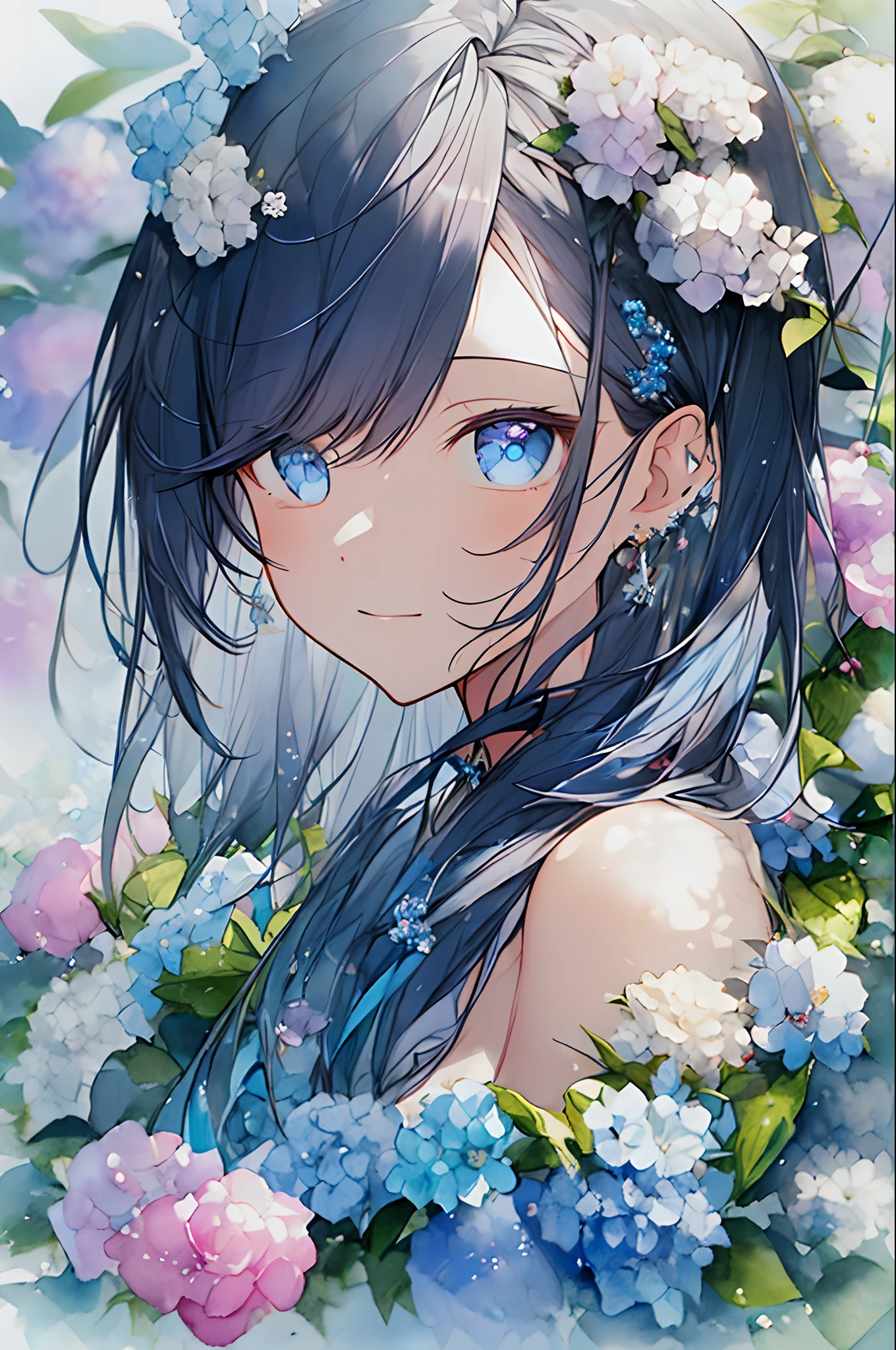 (aquarelle:1.2),1girl in, 独奏, florals, hortensia、Plum rain、portraitures, Sateen、bangss, signed, hortensia、Black and blue hair, length hair, Hair between blue eyes, Flower earrings