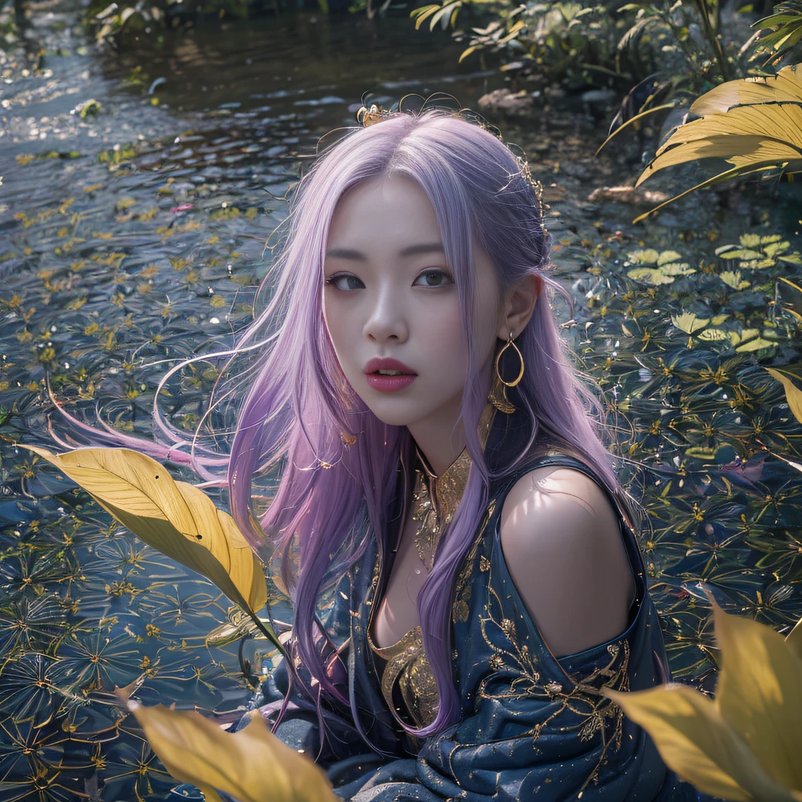 Genki Girl 32K(tmasterpiece,k hd,hyper HD,32K)Long flowing bright purple hair,Autumn Pond,zydink, a color, Asian people (Genki girl), (Black and gold scarf), Combat posture, looking at the ground, long whitr hair, Floating bright purple, Fire cloud pattern gold tiara, Chinese long-sleeved gold silk garment, (Abstract metaverse splash:1.2), white backgrounid,Lotus vitality protector(realisticlying:1.4),Bright purple hair,Smoke on the road,The background is pure, A high resolution, the detail, RAW photogr, Sharp Re, Nikon D850 Film Stock Photo by Jefferies Lee 4 Kodak Portra 400 Camera F1.6 shots, Rich colors, ultra-realistic vivid textures, Dramatic lighting, Unreal Engine Art Station Trend, cinestir 800,A girl with long flowing bright purple hair