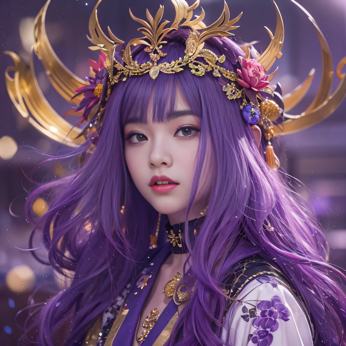 Genki Girl 32K（tmasterpiece，k hd，hyper HD，32K）Long flowing bright purple hair，Autumn Pond，zydink， a color， Asian people （Genki girl）， （Black and gold scarf）， Combat posture， looking at the ground， long whitr hair， Floating bright purple， Fire cloud pattern gold tiara， Chinese long-sleeved gold silk garment， （Abstract metaverse splash：1.2）， white backgrounid，Lotus vitality protector（realisticlying：1.4），Bright purple hair，Smoke on the road，The background is pure， A high resolution， the detail， RAW photogr， Sharp Re， Nikon D850 Film Stock Photo by Jefferies Lee 4 Kodak Portra 400 Camera F1.6 shots, Rich colors, ultra-realistic vivid textures, Dramatic lighting, Unreal Engine Art Station Trend, cinestir 800，A girl with long flowing bright purple hair