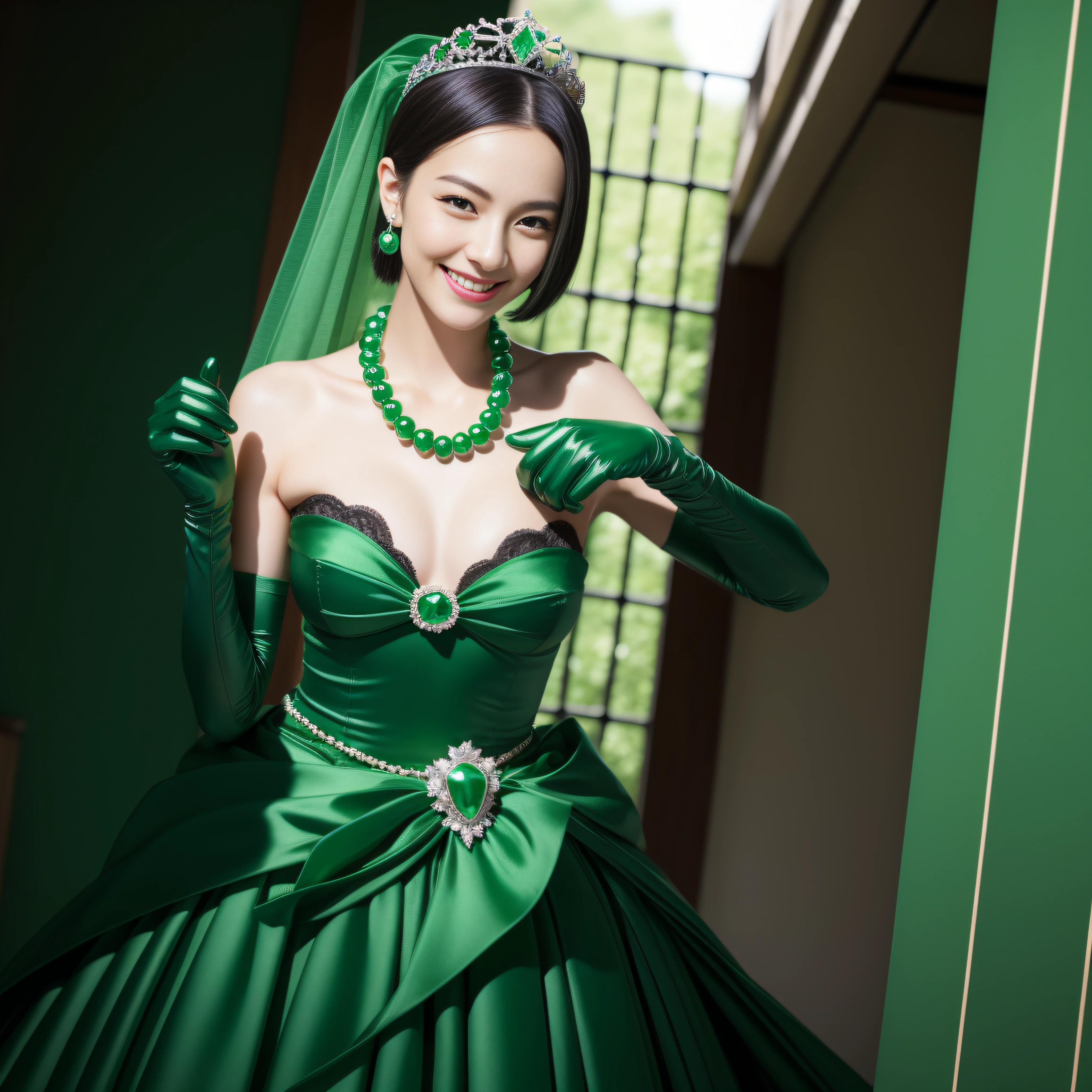 "(Best Quality,Realistic),Japan woman with beautiful smile,emerald tiara,Green Pearl Necklace,Boyish extremely short black hair,lip stick,Green eyes,Long Green Satin Gloves,short short hair, Green eyes