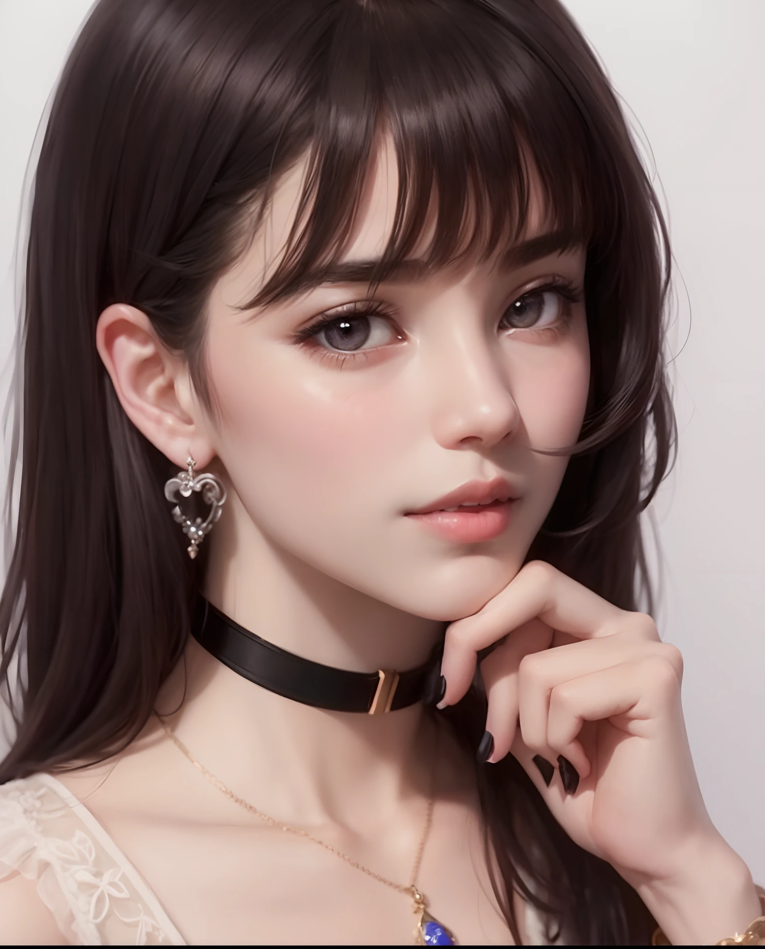 Top quality, Masterpiece, Short bob, One woman, black hair, Blue eyes, Looking up, Upper body, Golden proportions, Sheer shirt, Transparency, Attractive gaze, Glossy, Clear double eyelids, Cute smile, Smile, Choker