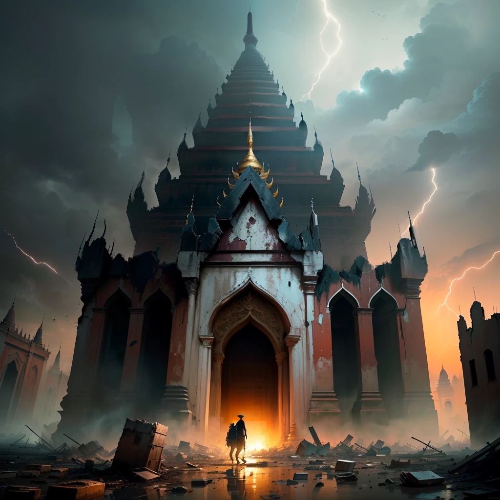 Create a visually stunning design that transports viewers to the desolate ruins of Bagan, Myanmar, in the aftermath of World War 3. The artwork should capture the desolation and havoc through intricate details of destroyed art, showcasing the resilience of the people amidst chaos. Incorporate bold color patterns and a cinematic lighting effect to evoke a captivating atmosphere. The background should be dark and magnificent, enhancing the luxurious and realistic portrayal of the desolate buildings. This illustration aims to provide viewers with an unexplored insight into the post-war struggles of Bagan and highlight the unwavering spirit of the people in Myanmar,
The artwork should feature intricate destroyed art, bold color patterns, and a cinematic lighting effect. The background should be dark and magnificent, emphasizing the luxurious and realistic portrayal of the desolate buildings. This illustration aims to provide an unexplored insight into the aftermath of the war and highlight the resilience of the people in Myanmar.Immerse yourself in a visually captivating design that vividly depicts the desolation and havoc inflicted upon the city of Bagan, Myanmar during World War 3. The artwork showcases intricate destroyed art, symbolizing the resilience and creativity of the people in the face of destruction. Bold color patterns add vibrancy and depth to the scene, while a cinematic lighting effect creates a dramatic atmosphere. The dark and magnificent background further emphasizes the luxurious and realistic portrayal of the desolate buildings. This illustration offers viewers a unique, unexplored perspective on the aftermath of war and the indomitable spirit of the people in Myanmar.
