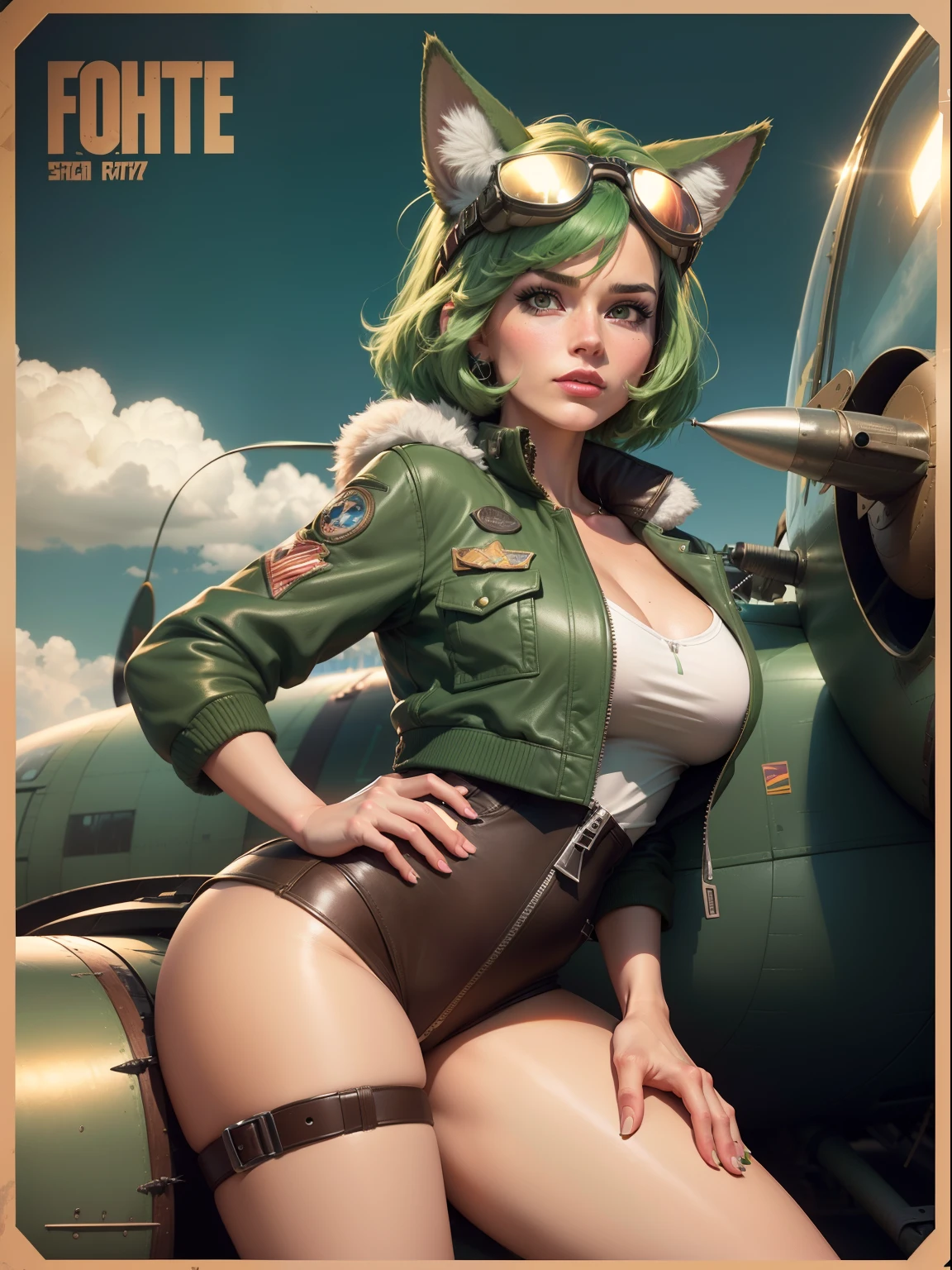 a funny retrowave ((coyote female)), (pure beauty), ((pretty detailed face)), ((she is the center of the image)), wearing a brown world war 2 pilot jacket (leather), a ((white pilot overall with zipper)), and (pilot goggles), ((thight clothes)), david clark headset (green), sexy, slim body, ((green hair)), neon ligthning, full body picture, full head picture, 80s atmosphere, (fur ears), fur tail, retro arcade game vibes, (looking at camera), 8k, ((high resolution)), very detailed, ultra hd, nose art pin up, ((over a background with an old airplane))