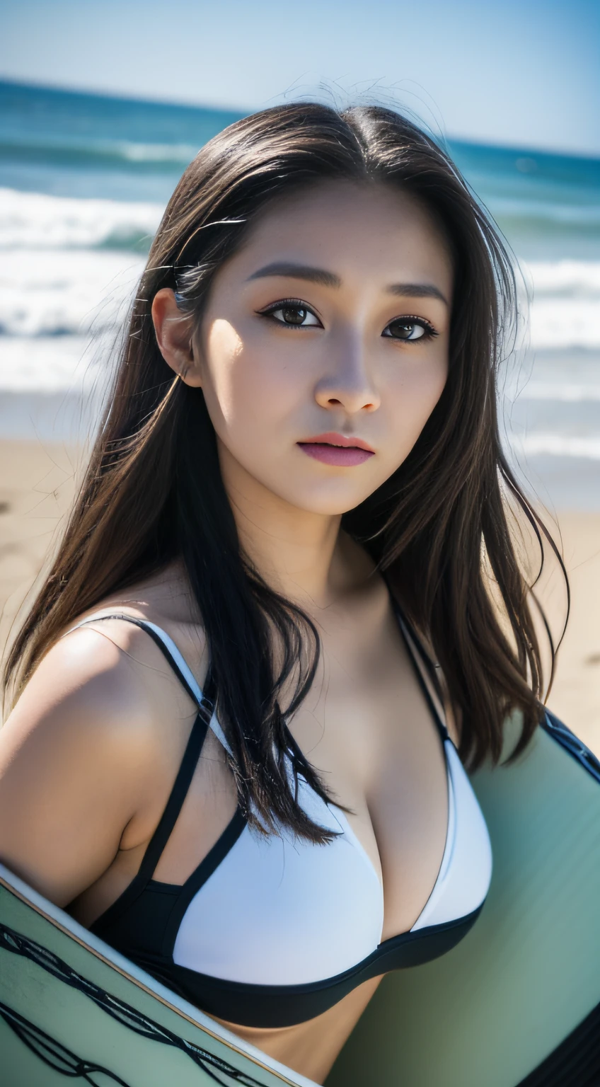 ((surfing))、surfboard、Mare、Big eyes、(​masterpiece、top-quality) 、kawaii、(Colossal tits:1.2)、((20 year old woman:1.ung adorable Japan face, ,Soft portrait shots,in 8K,、Young cute gravure idol