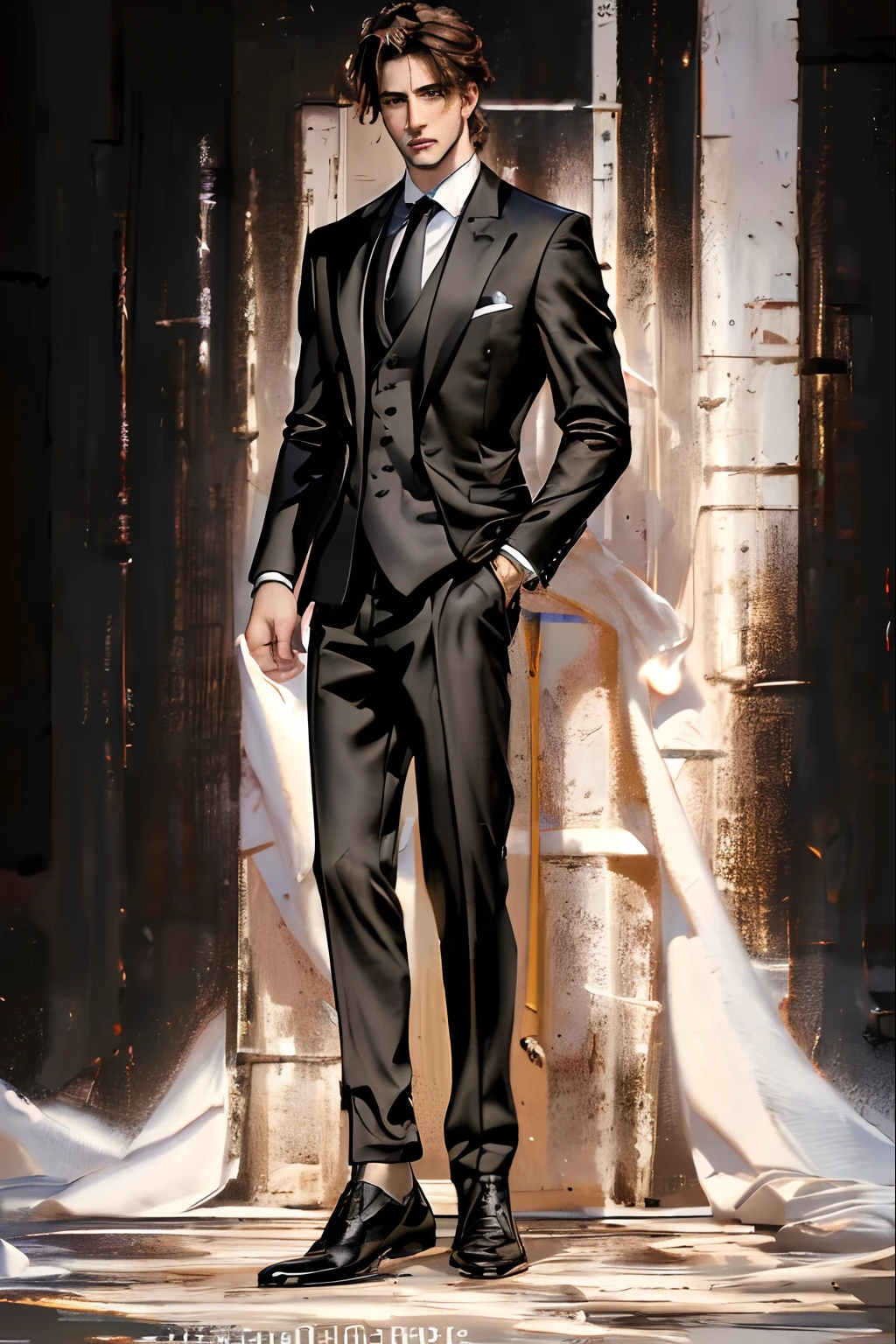 (best quality,4k,8k,highres,masterpiece:1.2),ultra-detailed,(realistic,photorealistic,photo-realistic:1.37),young man in black suit,brown eyes,beautiful detailed eyes,sharp focus,tall,full body image,white background,studio lighting,vivid colors,professional