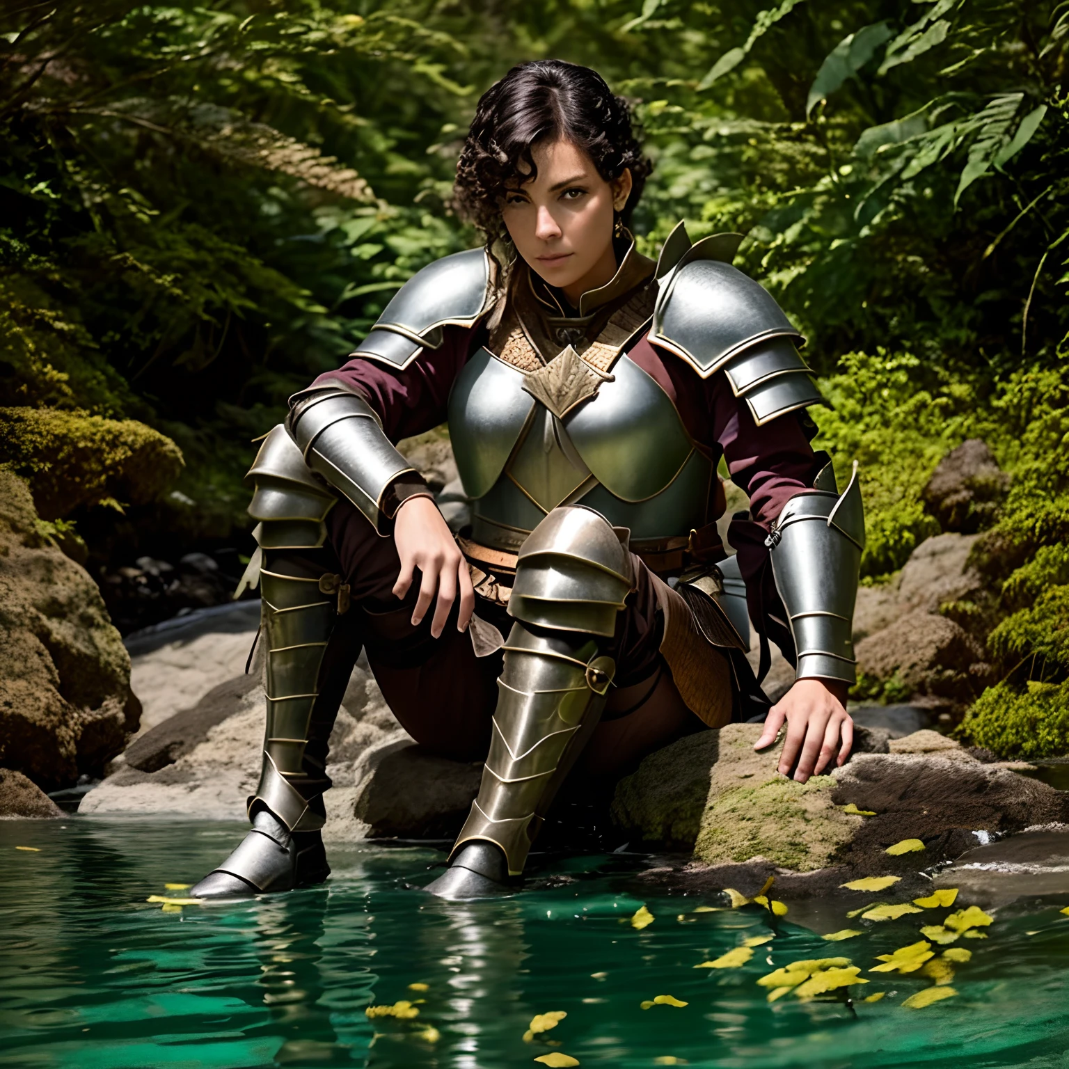 There's a woman in armor sitting on a rock in the water, ela tem cabelo roxo e curto estilo ponei, usa oculos