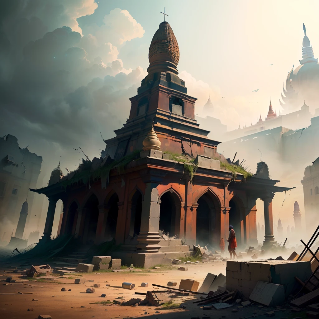 Create a visually stunning design that transports viewers to the desolate ruins of Bagan, Myanmar, in the aftermath of World War 3. The artwork should capture the desolation and havoc through intricate details of destroyed art, showcasing the resilience of the people amidst chaos. Incorporate bold color patterns and a cinematic lighting effect to evoke a captivating atmosphere. The background should be dark and magnificent, enhancing the luxurious and realistic portrayal of the desolate buildings. This illustration aims to provide viewers with an unexplored insight into the post-war struggles of Bagan and highlight the unwavering spirit of the people in Myanmar,
The artwork should feature intricate destroyed art, bold color patterns, and a cinematic lighting effect. The background should be dark and magnificent, emphasizing the luxurious and realistic portrayal of the desolate buildings. This illustration aims to provide an unexplored insight into the aftermath of the war and highlight the resilience of the people in Myanmar.Immerse yourself in a visually captivating design that vividly depicts the desolation and havoc inflicted upon the city of Bagan, Myanmar during World War 3. The artwork showcases intricate destroyed art, symbolizing the resilience and creativity of the people in the face of destruction. Bold color patterns add vibrancy and depth to the scene, while a cinematic lighting effect creates a dramatic atmosphere. The dark and magnificent background further emphasizes the luxurious and realistic portrayal of the desolate buildings. This illustration offers viewers a unique, unexplored perspective on the aftermath of war and the indomitable spirit of the people in Myanmar.