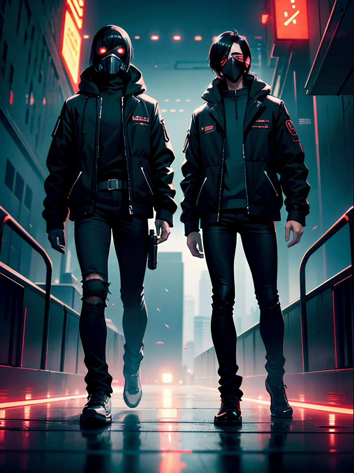2 males side by side, short black hair, red eyes, gas mask, skinny jeans, cyberpunk night city background, absurdres, high res, ultrasharp, 8K, masterpiece, looking at viewer