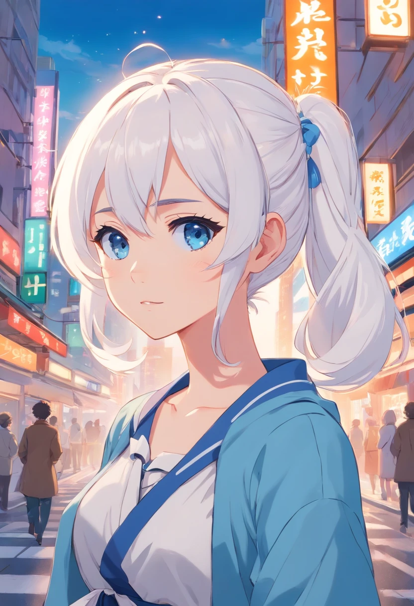 White color hair,Double ponytail curls,blue color eyes,White ta,Beth,A bustling city street