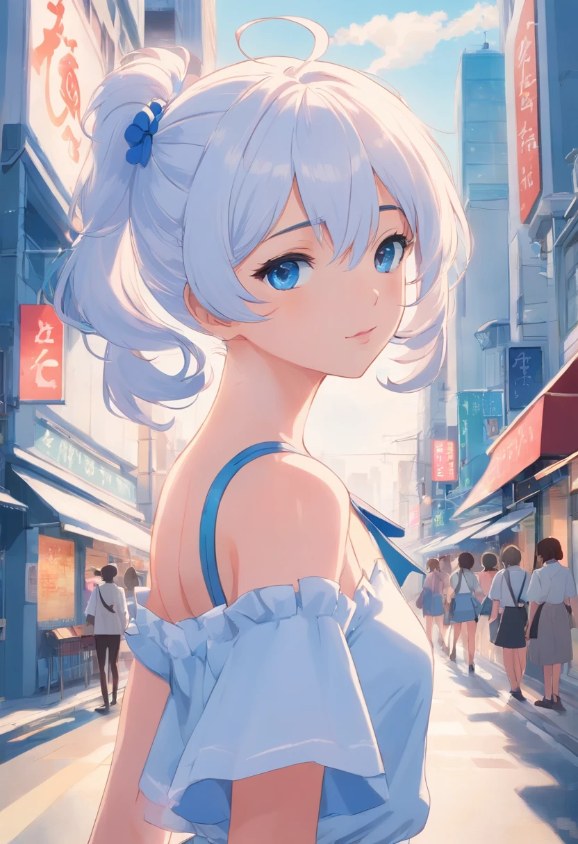White color hair,Double ponytail curls,blue color eyes,White ta,Beth,A bustling city street