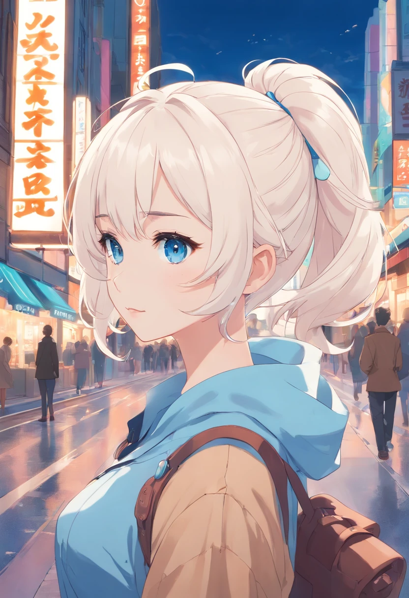 White color hair，Double ponytail curls，blue color eyes，White Lolita，Beth，A bustling city street