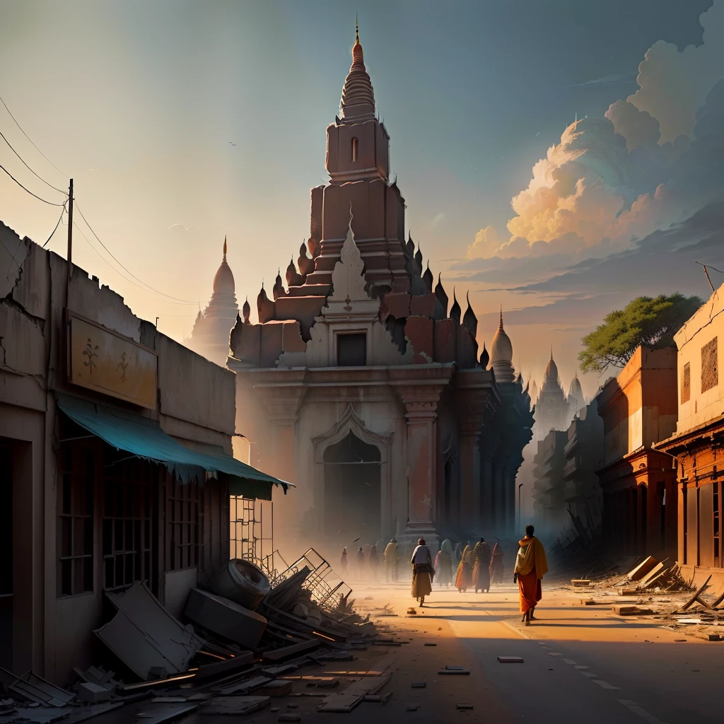 Create a visually stunning design that transports viewers to the desolate ruins of Bagan, Myanmar, in the aftermath of World War 3. The artwork should capture the desolation and havoc through intricate details of destroyed art, showcasing the resilience of the people amidst chaos. Incorporate bold color patterns and a cinematic lighting effect to evoke a captivating atmosphere. The background should be dark and magnificent, enhancing the luxurious and realistic portrayal of the desolate buildings. This illustration aims to provide viewers with an unexplored insight into the post-war struggles of Bagan and highlight the unwavering spirit of the people in Myanmar,
The artwork should feature intricate destroyed art, bold color patterns, and a cinematic lighting effect. The background should be dark and magnificent, emphasizing the luxurious and realistic portrayal of the desolate buildings. This illustration aims to provide an unexplored insight into the aftermath of the war and highlight the resilience of the people in Myanmar.Immerse yourself in a visually captivating design that vividly depicts the desolation and havoc inflicted upon the city of Bagan, Myanmar during World War 3. The artwork showcases intricate destroyed art, symbolizing the resilience and creativity of the people in the face of destruction. Bold color patterns add vibrancy and depth to the scene, while a cinematic lighting effect creates a dramatic atmosphere. The dark and magnificent background further emphasizes the luxurious and realistic portrayal of the desolate buildings. This illustration offers viewers a unique, unexplored perspective on the aftermath of war and the indomitable spirit of the people in Myanmar.