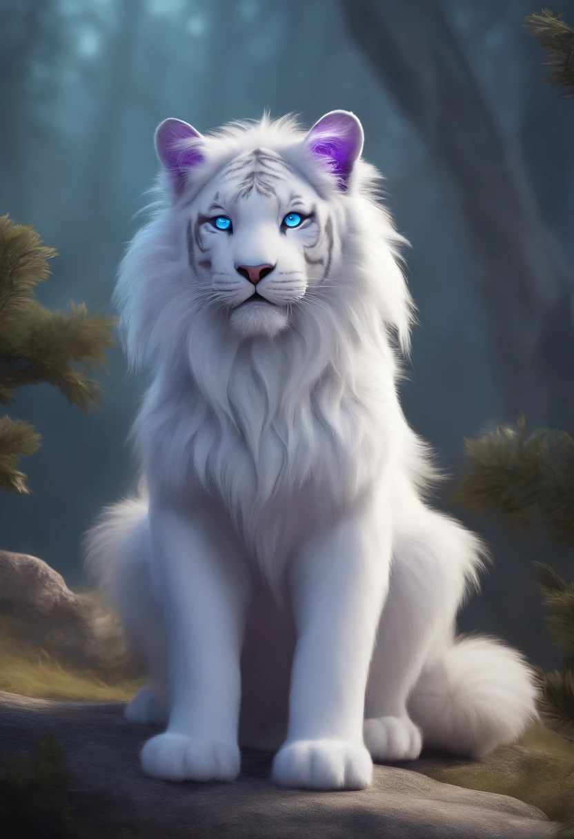 shaggy,Purple eye,独奏,shaggy male,underage,Full Body Furry,Fluffy fur,Light blue paws,light blue furs,White fur,No clothing,white color hair,The left ear is light blue, and the tip of the ear is dark blue,The right ear is white and the ear is pointed purple,gradient hair,multicolored hair,Fluffy tail,White tail,Purple tail pointed,short detailed hair,blunt bangs,Opens mouth and laughs,There are tiger teeth