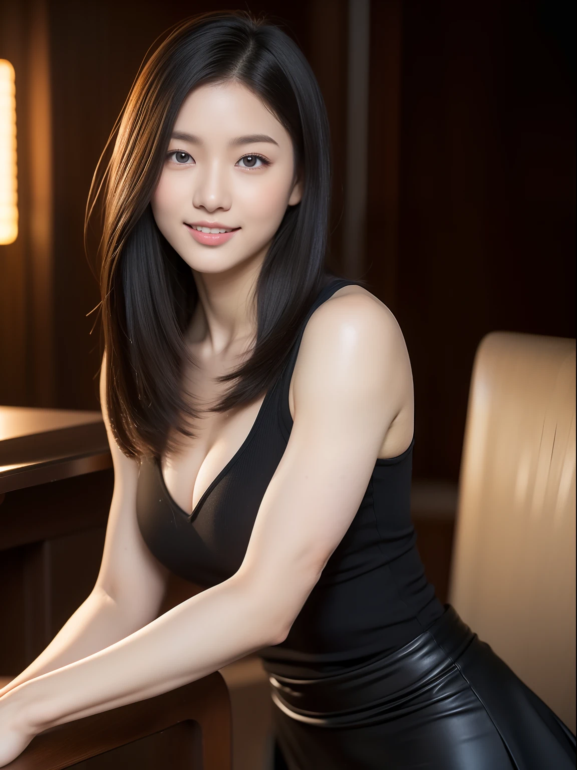 ulzzang -6500-v1.1, (Raw photo:1.2), (Photorealsitic), huge filesize, hight resolution, ighly detailed, top-quality, (masterpiece:1.6),(Hyper-realistic: 1.4), ighly detailed, nffsw, finely detail, top-quality, 8k wallpaper,People with Japan,(((1 girl))),17 agey shot、(white clear skin),((Long body:1.2))、((Muscular woman like a bodybuilder:1.2)) ,(Hourglass-shaped body:1.4),((Huge ass)),((thick and strong legs:1.4、Sculpted muscular legs:1.2))、((Thick arms with sculpted muscles:1.2))、wide breasts, ((Disproportionately large breasts:1.4))、((Lori face:1.2))、Narrow eyes, cute face, Narrow eyes,((closes mouth、shyly smile))、(One-length、Straight hair)、(black bodycon dress:1.3,Black tight skirt:1.3)、(Tavern at night、bars、pub,Sit on a chair at the bar counter)、 (Realistic: 1.3), (Smooth lighting: 1.05), (Improved cinematic lighting: 0.9), Realistic lighting, Backlight, Face Light, raytrace, (Whitening light: 1.2), (Image enhancement: 1.4), ( Top quality real skins: 1.4), (Body Line Mood Increase:1.1), (Skin Texture Enhancement Beauty:1.1),