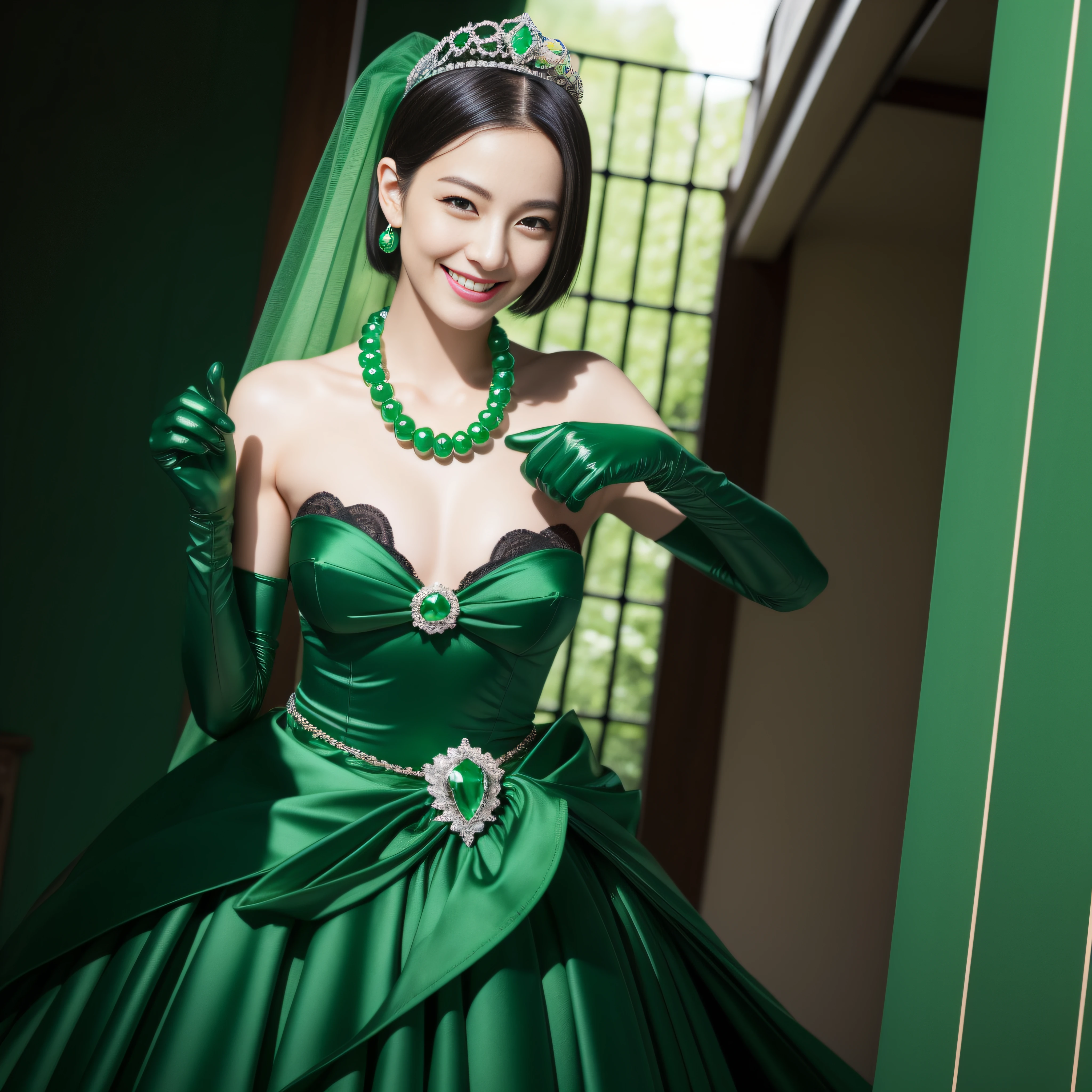 "(Best Quality,Realistic),Japan woman with beautiful smile,emerald tiara,Green Pearl Necklace,Boyish extremely short black hair,lip stick,Green eyes,Long Green Satin Gloves,short short hair, Green eyes