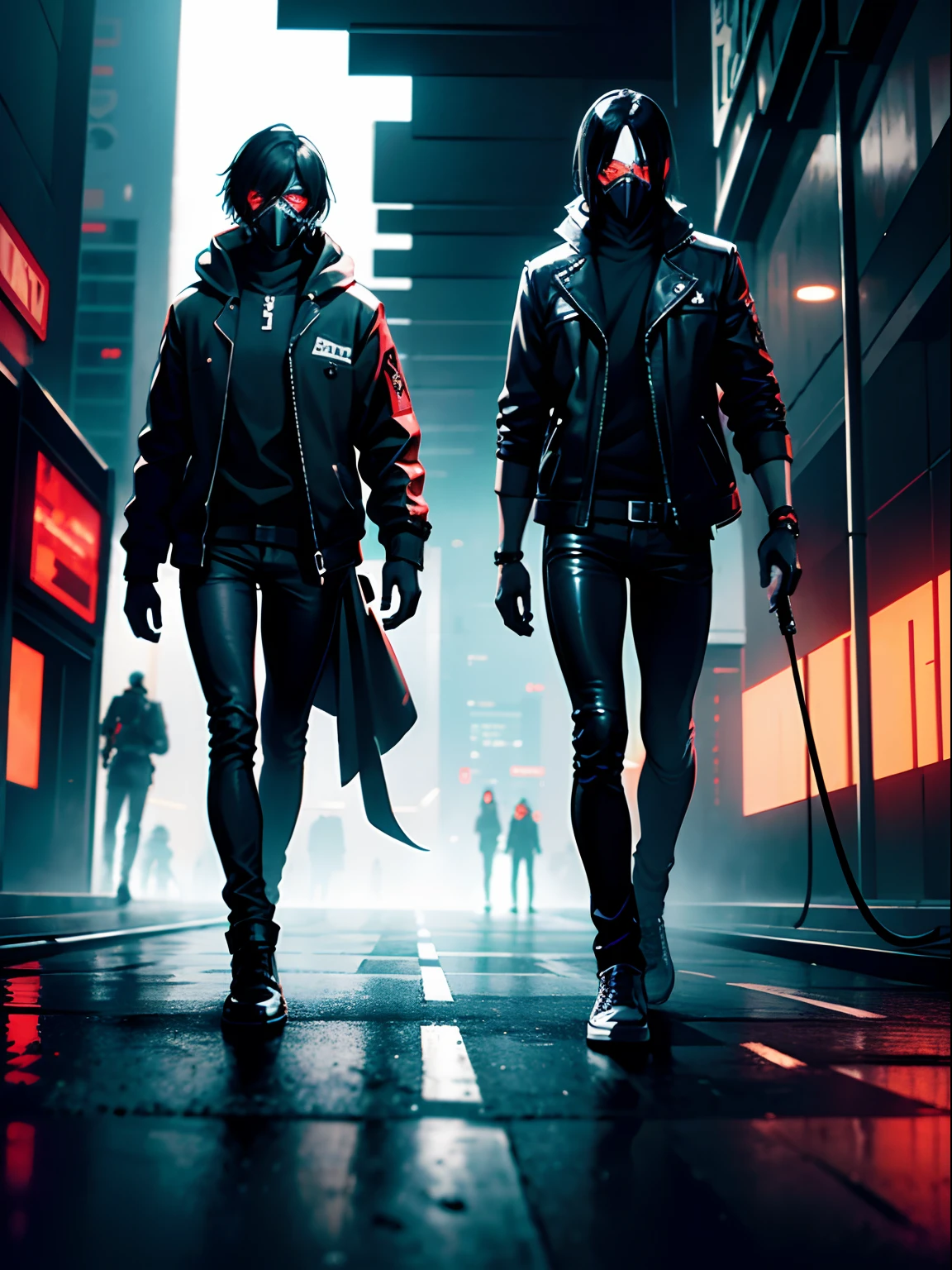 2 males side by side, short black hair, red eyes, gas mask, skinny jeans, cyberpunk night city background, absurdres, high res, ultrasharp, 8K, masterpiece, looking at viewer