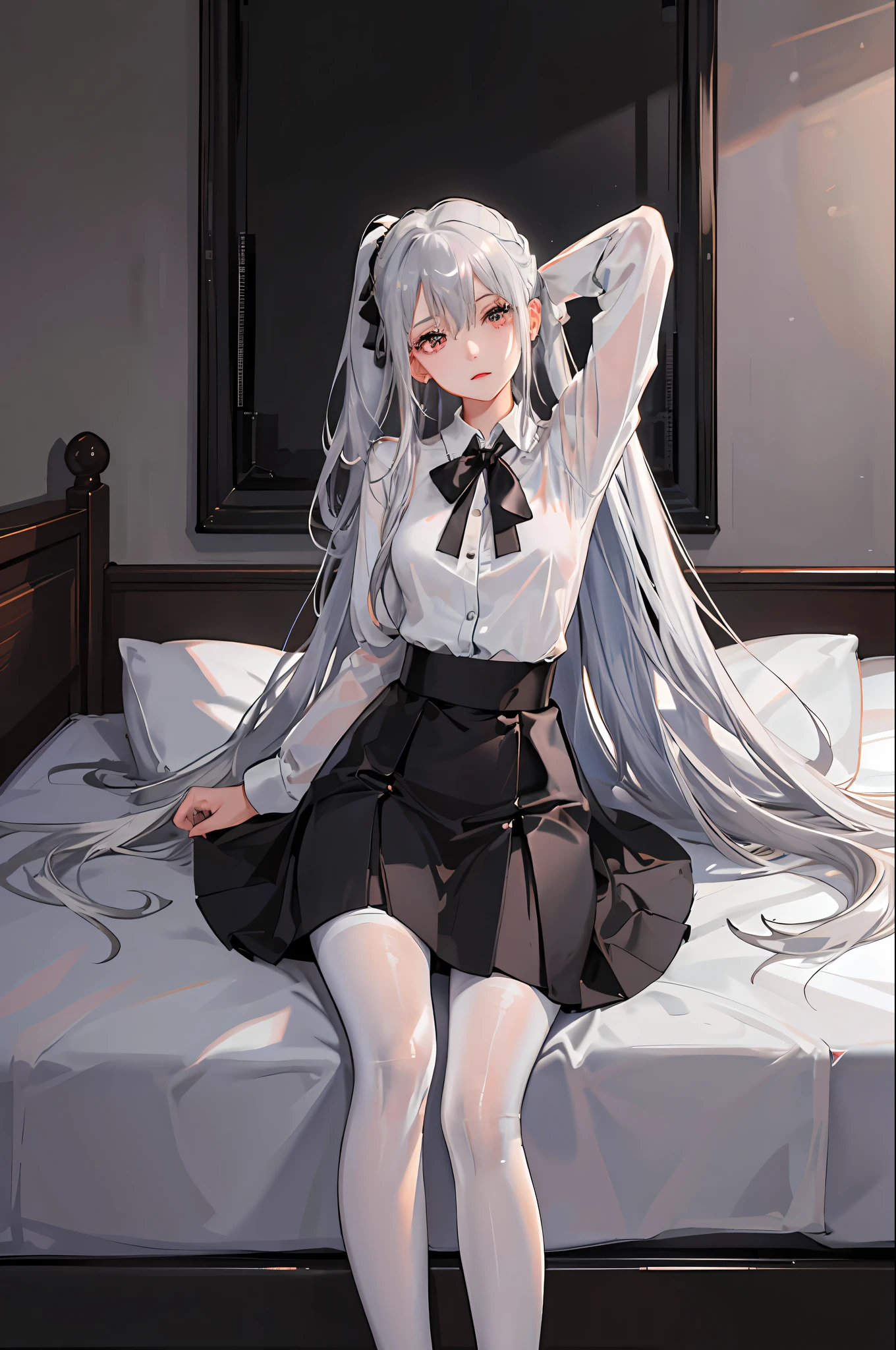 Elf, Silver Hair, At the hotel, Lying on a bed and crucified, school uniform, White shirt, skirt, Open your mouth, Raise your hands above your head, Crying face, Small breasts, Spread your legs