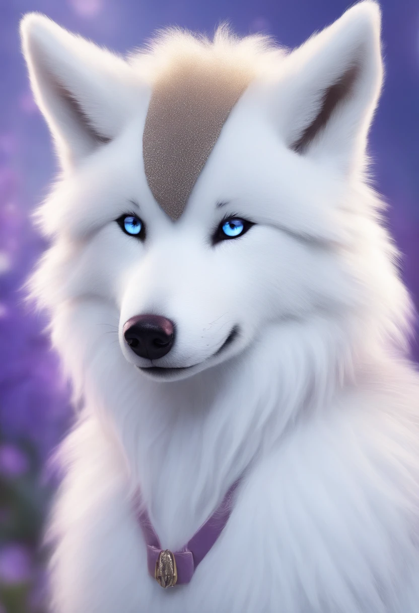 shaggy,Purple eye,独奏,shaggy male,underage,Full Body Furry,Fluffy fur,Light blue paws,light blue furs,White fur,No clothing,white color hair,The left ear is light blue, and the tip of the ear is dark blue,The right ear is white and the ear is pointed purple,gradient hair,multicolored hair,Fluffy tail,White tail,Purple tail pointed,short detailed hair,blunt bangs,Opens mouth and laughs,There are fangs,A snow wolf