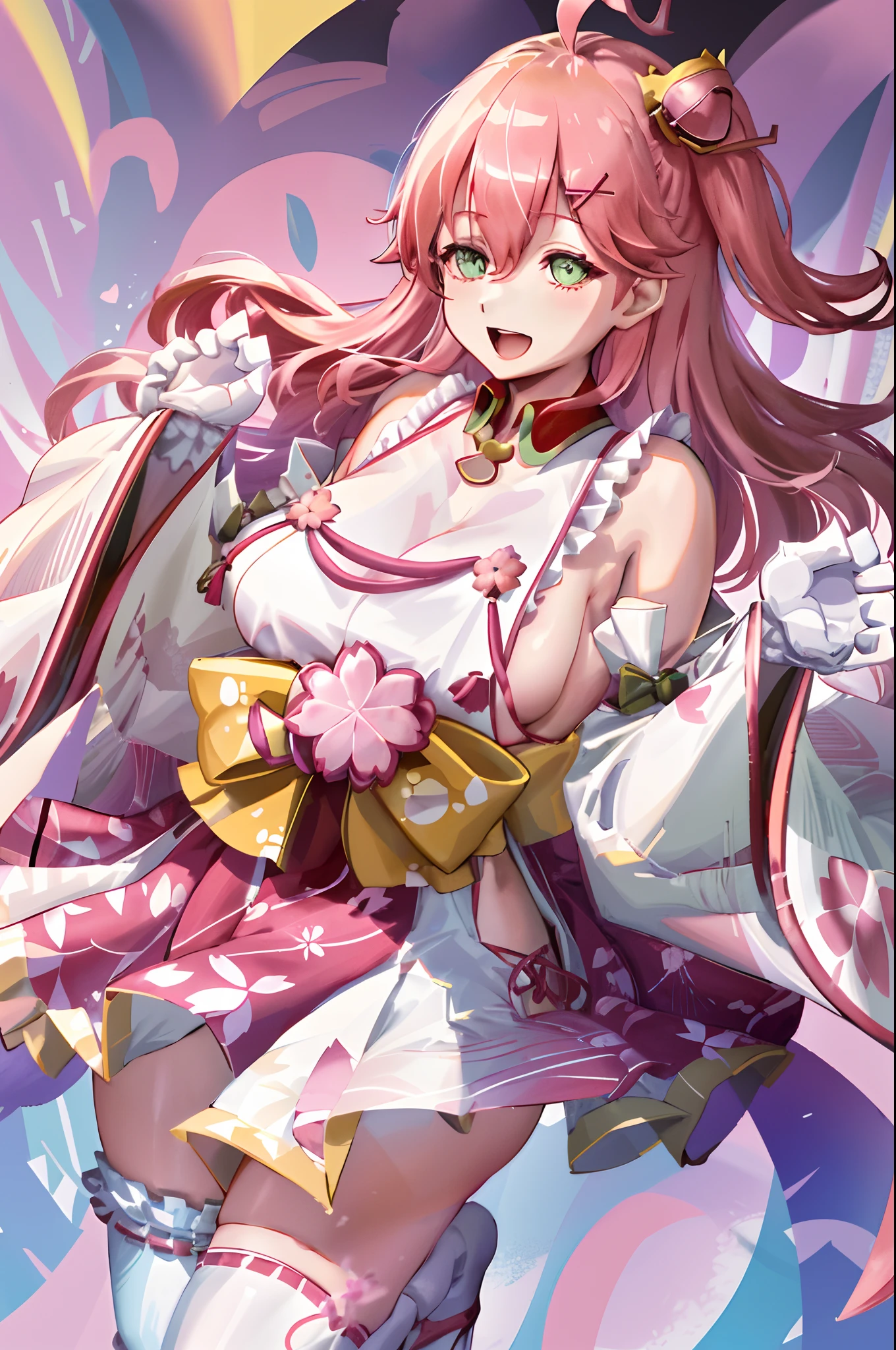 masterpiece, best quality, highres, miko1, sakura_miko, 1girl, green eyes, solo, ahoge, x_hair_ornament, pink_hair, floral print, hairclip, (sideboob:1.4), hair_bell, floral print, long_hair, hair between eyes, one side up, white thighhighs, asymmetrical legwear, wide sleeves, open_mouth,happy,close_eyes, smile,dynamic_posing,rising_leg,plump,apart_legs,(heart_shaped_hands:1.5),hands_in_front_of_girl