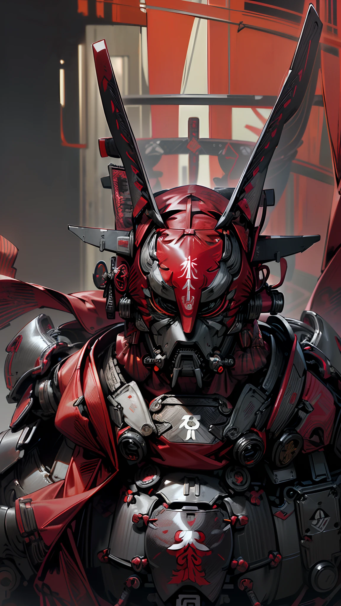 ((cyberpunk)),((male)),((wearing:((Cybernetic_Shogun_mask)), ((complex_samurai_armour)), ((scarlet_red_((scarf)))))), 8k, 64k, HD, cinematic, detailed, epic, scarlet_red_((background)), full-bodied