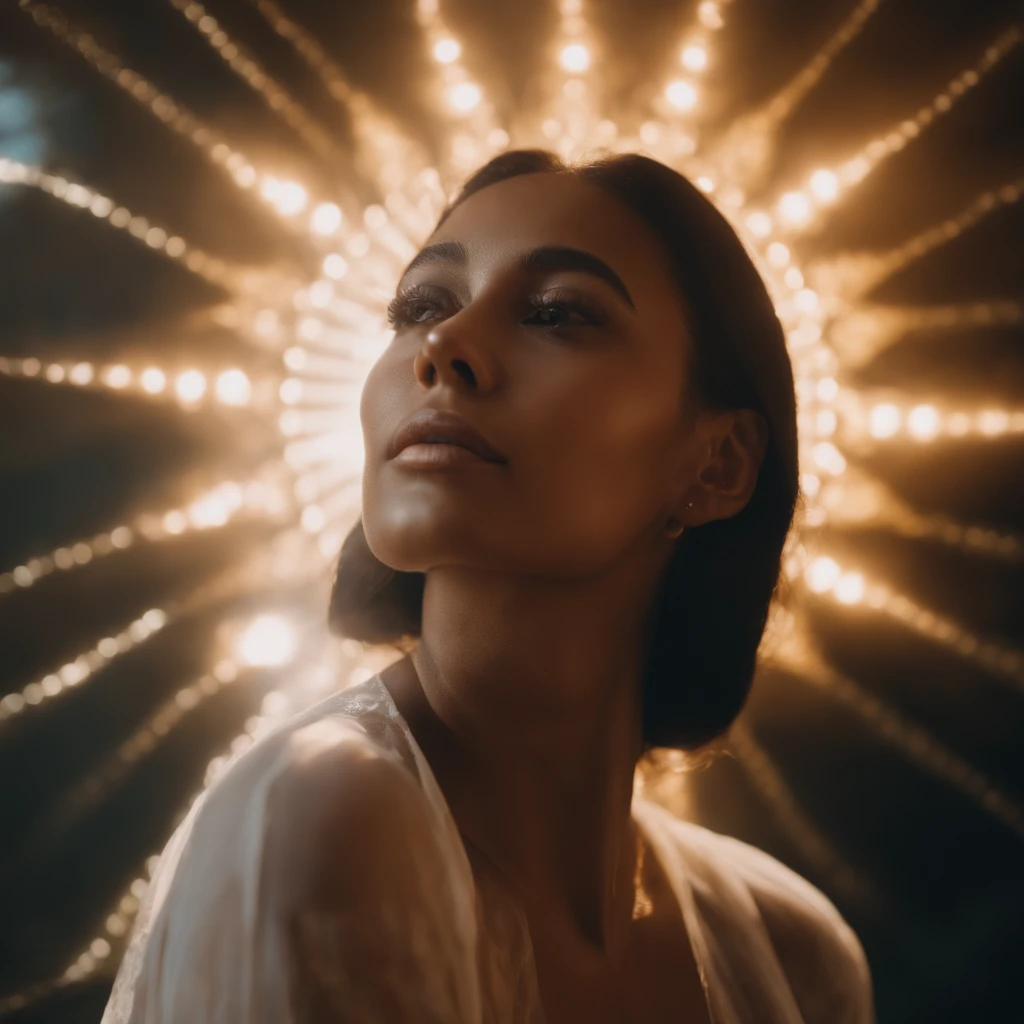 full bodyesbian, one-girl, (head looking up), (Side face 1.5), (Eyes look at the sun), suns, radiating with light, partially underwater shot, Romanticism, Op art, sparkle, god rays, ray tracing