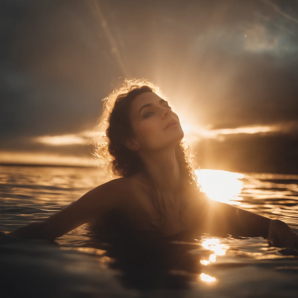 a girl with dark curly hair and blue eyes is looking at the sun. do sol, raios solares, como finos fios de seda , are covering girls' skin. It looks like it's made of these sub-rays