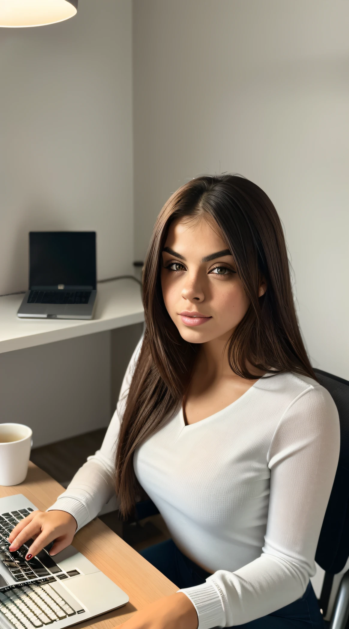 (foco nítido:1.2), Cinematographer, Beautiful 23-year-old, (Cara hermosa:1.1), Ojos detallados, labios exuberantes, (Maquillaje de ojos de gato:0.85), (cabello ondulado), (cabello rubio), (Mujer blanca), Usando (Traje social femenino blanco) Woman sitting at a desk with a laptop and papers, Work on your laptop, frente a un ordenador, sentado frente a la computadora, working on a laptop at a desk, Oficina en casa, Jovana Rikalo, Joven empresaria, typing on laptop, sentado, Codificador creativo con un ordenador, (grumpy lighting: 1.2), Profundidad de campo, Bokeh, 8k, realistic photograph, super detailed