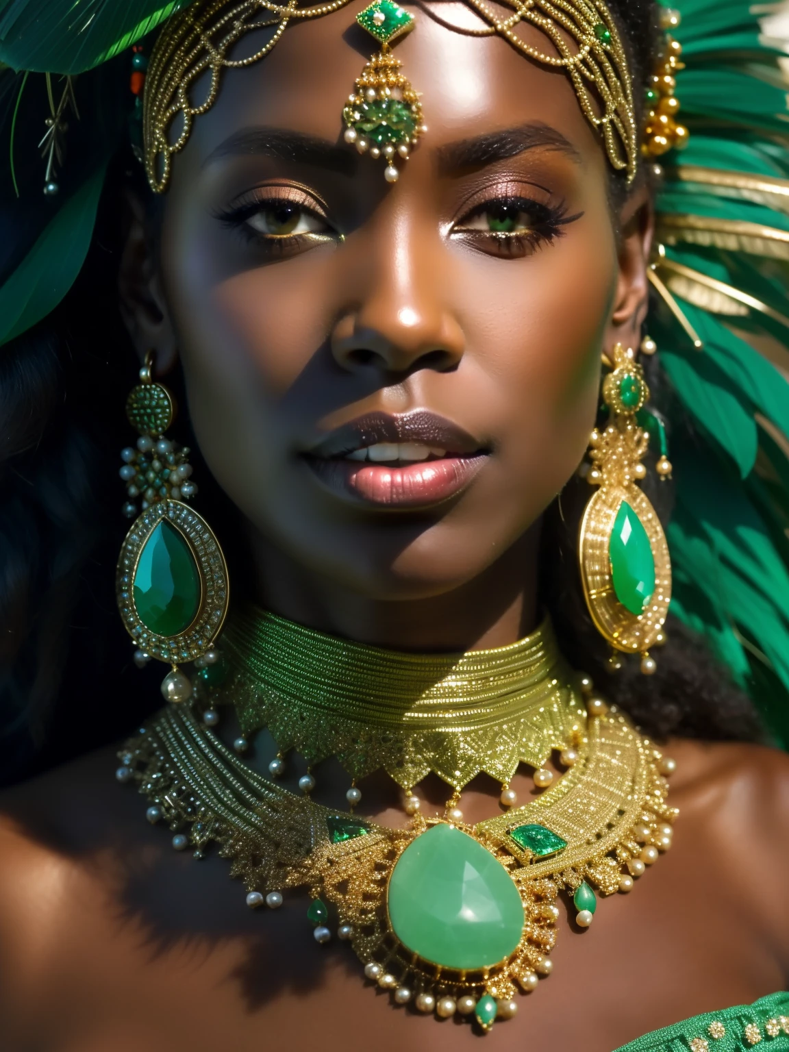 a close up of a woman wearing a green headdress and jewelry, stunning african princess, dark skin female goddess of love, gorgeous woman, a stunning portrait of a goddess, black african princess, portrait of a beautiful goddess, african princess, dark skin, african queen, dark complexion, goddess close-up portrait, goddess jewelry, covered in jewels, gorgeous beautiful woman