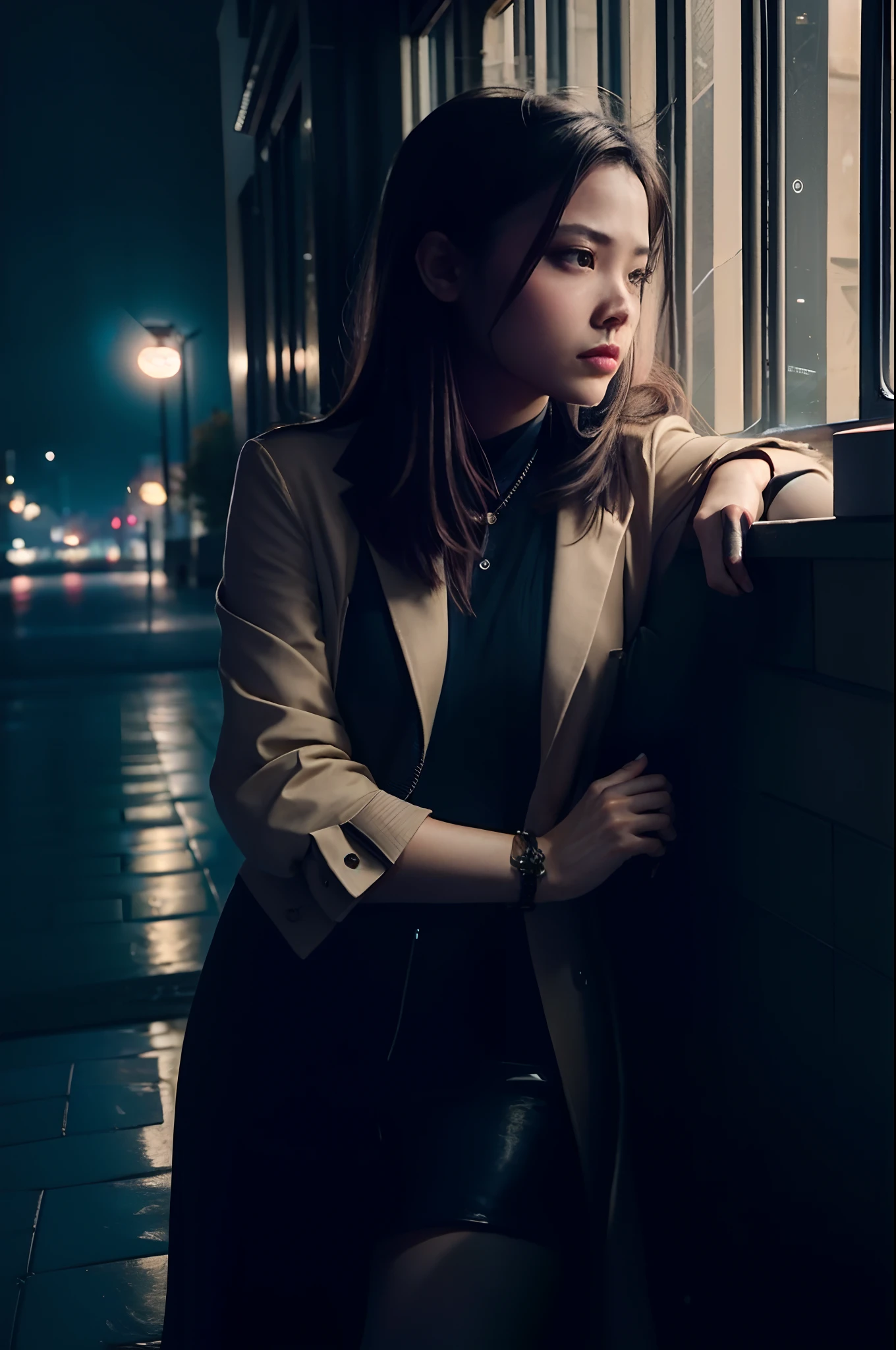 arafed woman leaning against a window in a city at night, neo - noir style, neo noir style, girl in a suit, girl in suit, in style of kar wai wong, high - end fashion photoshoot, sophisticated young woman, elegant japanese woman, shot in canon 50mm f/1.2, cinematic. by leng jun, fashion portrait photo