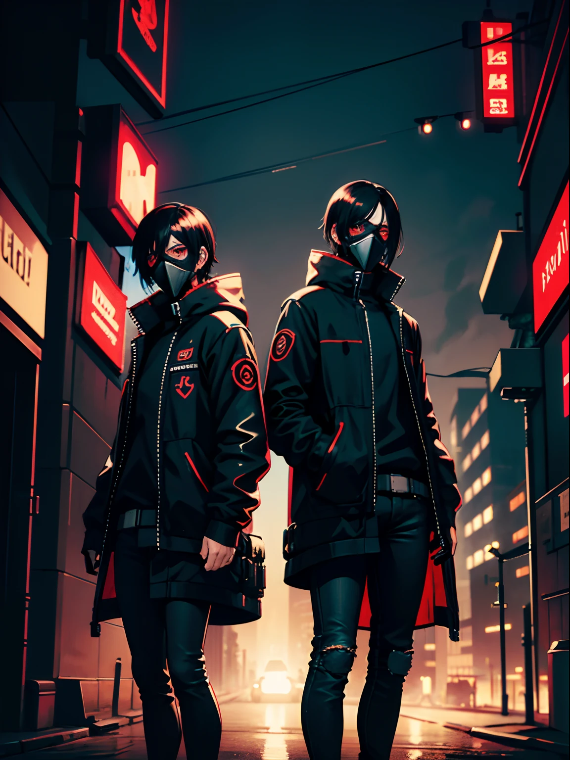 2 men side by side, short black hair, red eyes, gas mask, skinny jeans, cyberpunk night city background, absurdres, high res, ultrasharp, 8K, masterpiece, looking at viewer