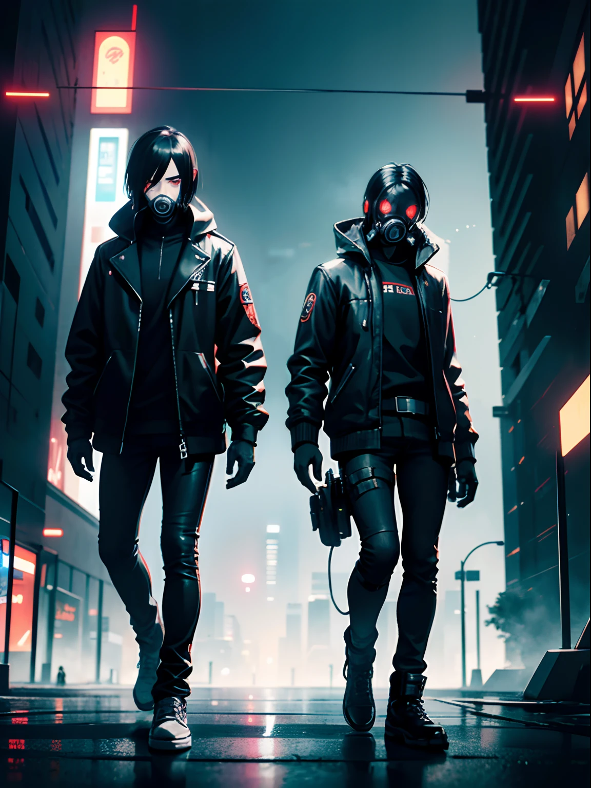 2 men side by side, short black hair, red eyes, gas mask, skinny jeans, cyberpunk night city background, absurdres, high res, ultrasharp, 8K, masterpiece, looking at viewer