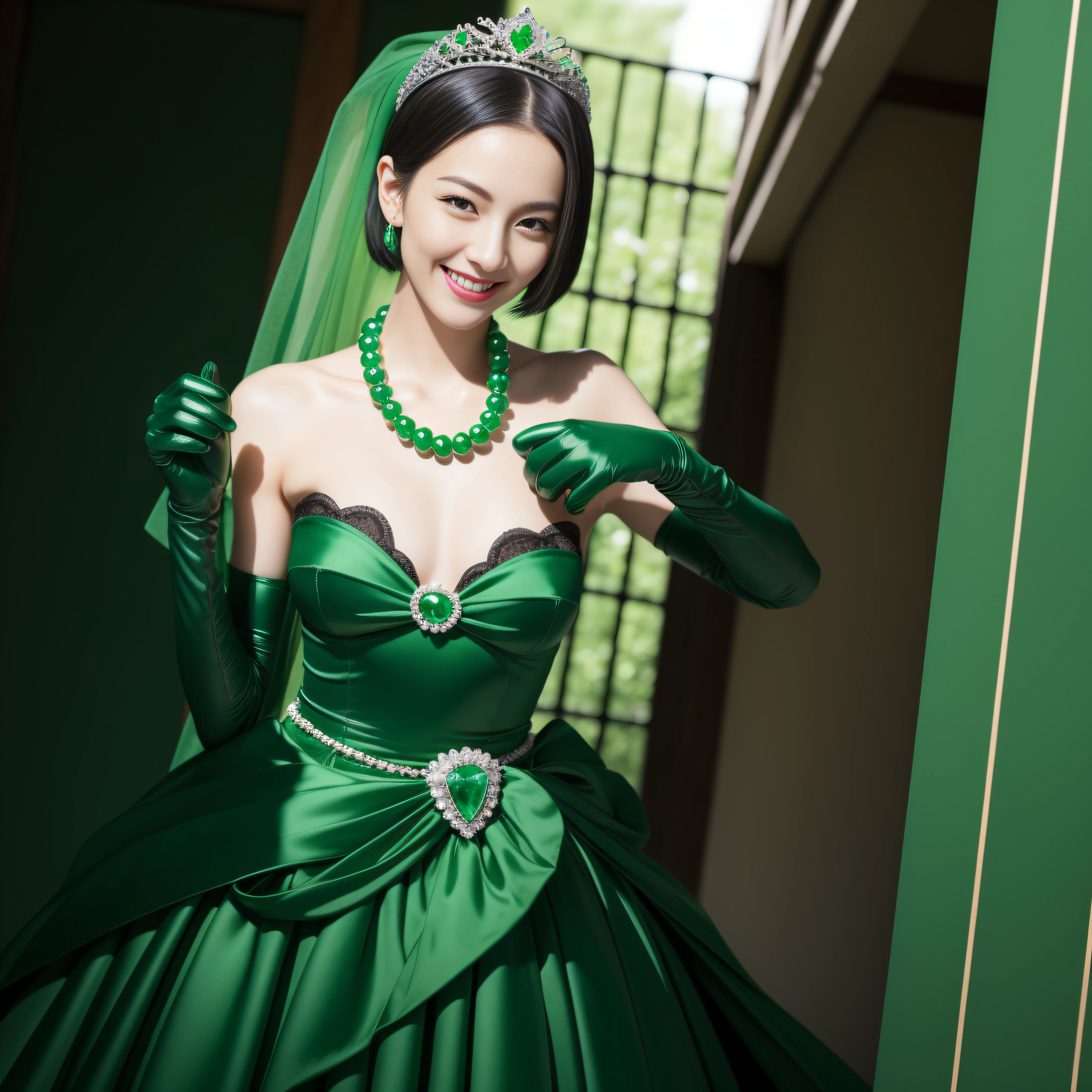 "(Best Quality,Realistic),Japan woman with beautiful smile,emerald tiara,Green Pearl Necklace,Boyish extremely short black hair,lip stick,Green eyes,Long Green Satin Gloves,short short hair, Green eyes