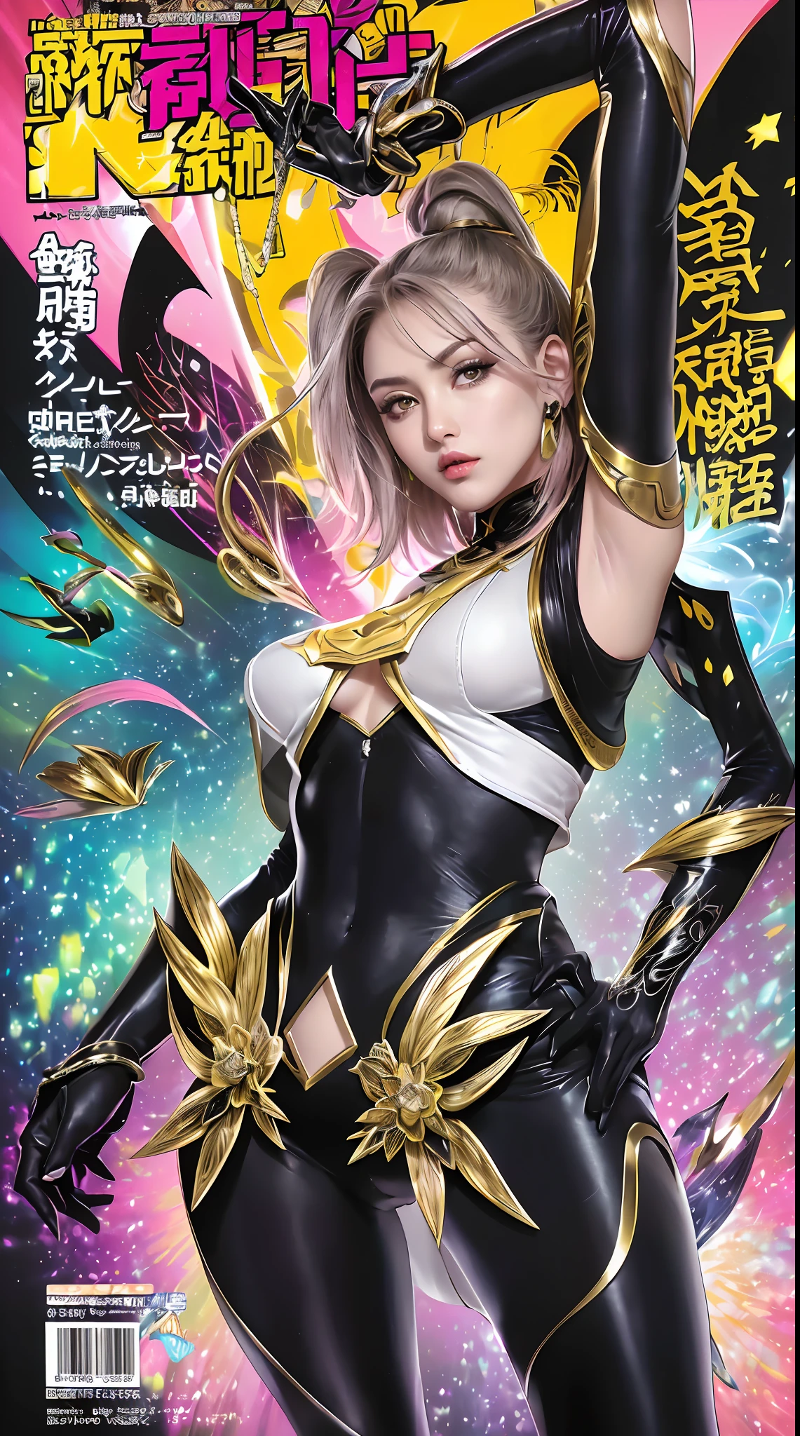 ((((spectacular))) ((heroic)) (((intense))),background, mixed-language_text, Japanese graffit lyrics ,girls, excellent lighting, sidelighting, (), vhsKeeper,, style GUILTY GEAR -STRIVE perfect ultimate (flat color: 1.3), (magazine_cover: 1.4), (multicolored_background: 1.3), striped_background, card_background, circular pieces of white metals glued to the arms coming out shimmering yellow glow,beautiful woman with ultra detailed long black hair, (beautiful and clear background: 1.2), fantastic paintings, graffit style flowers, highly detailed eyes, a t-shirt or dress with a white blouse underneath, background, mixed language_text, Japanese letters in graphite, ashley alexiss beautiful woman, long black hair, excellent lighting, side lighting, perfect ultimate (flat color pink bubblegum gradient: 1.3), (magazine_cover: 1.4), (multicolored_background: 1.3), striped_background, card_background, :: Discs with sharp and shiny blades in the hand :: circular pieces of white metals glued to the ultra detailed arms coming out sparkling shine, black star design stamped in the middle of the T-shirt, perfect and detailed sculptural body, ultra detailed shirt with abstract design and with Japanese letter print in graphite of the sides of the clothing, used jeans, large chest, with immersive effects, hover effect, graffiti style flowers background with flowers and vibrant colors, "ultra" hdr detailed and with focus effect, (masterpiece: 1.2, best quality), (beautiful emerald yellow eyes with finely detailed huge eyelashes: 1.2), , ((Solo)), (finely detailed eyes and detailed face: 1.3), beautiful ultra-detailed eyes, linear light smile, graphite and tattoo style background, skintight bodysuit with detailed tattoo style print, ultra-detailed red gradient leather jacket, warm thighs, black skintight pants with ultra-detailed white and pink details, large breasts, ultra-detailed bracelets on the arms, , bracelet on the right arm wi