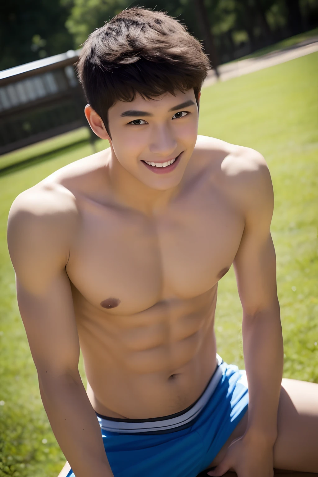 Best quality, detailed face, detailed eyes, asian 2 or 3 man photo, young male, handsome, shirtless or tank top, perfect face, perfect bodies, [Arms raised and crossed behind the back], smile, 20 years old, ((full body)), at home or school or gym or park, sport, [sweat], [love], [romance], standing or sit cross-legged, leggy
