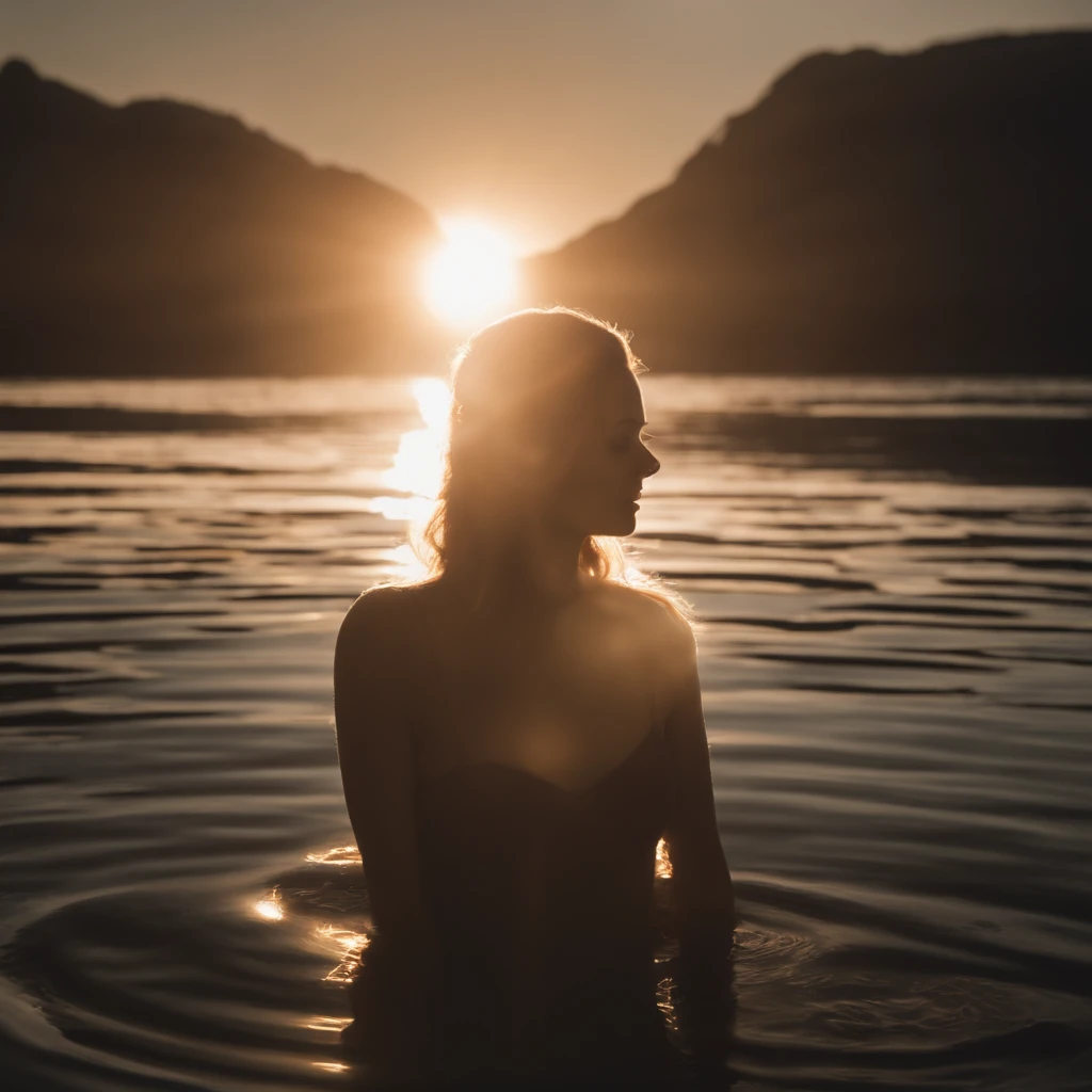 there is a woman standing on the beach with her arms up, ryan mcginley, praising the sun, sunset!, at sunrise, breathtaking shot, lake baikal in the background, near lake baikal, warm glow, full-body view, girl watching sunset, naturist, as the sun sets on the horizon, standing triumphant and proud, with arms up