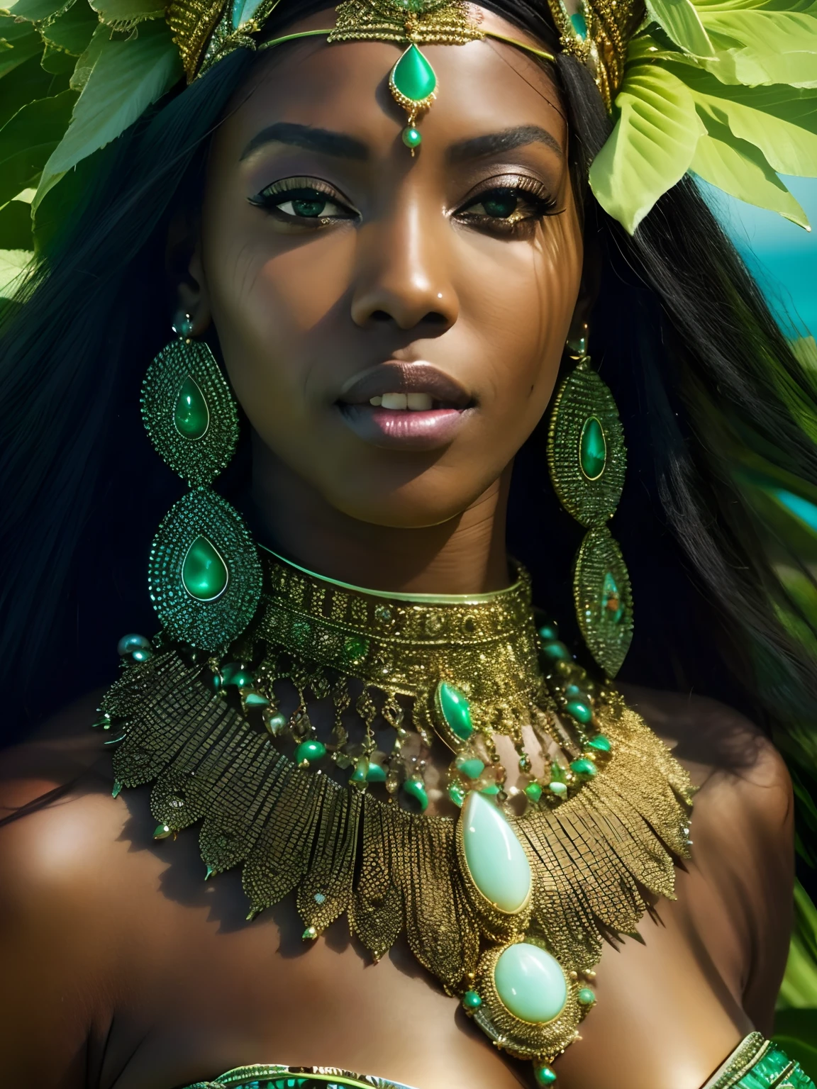 a close up of a woman wearing a green dress and a headpiece, stunning african princess, dark skin female goddess of love, gorgeous woman, black african princess, goddess jewelry, a stunning portrait of a goddess, african queen, african princess, portrait of a beautiful goddess, epic 3 d oshun, goddess. extremely high detail, intricate african jewellery