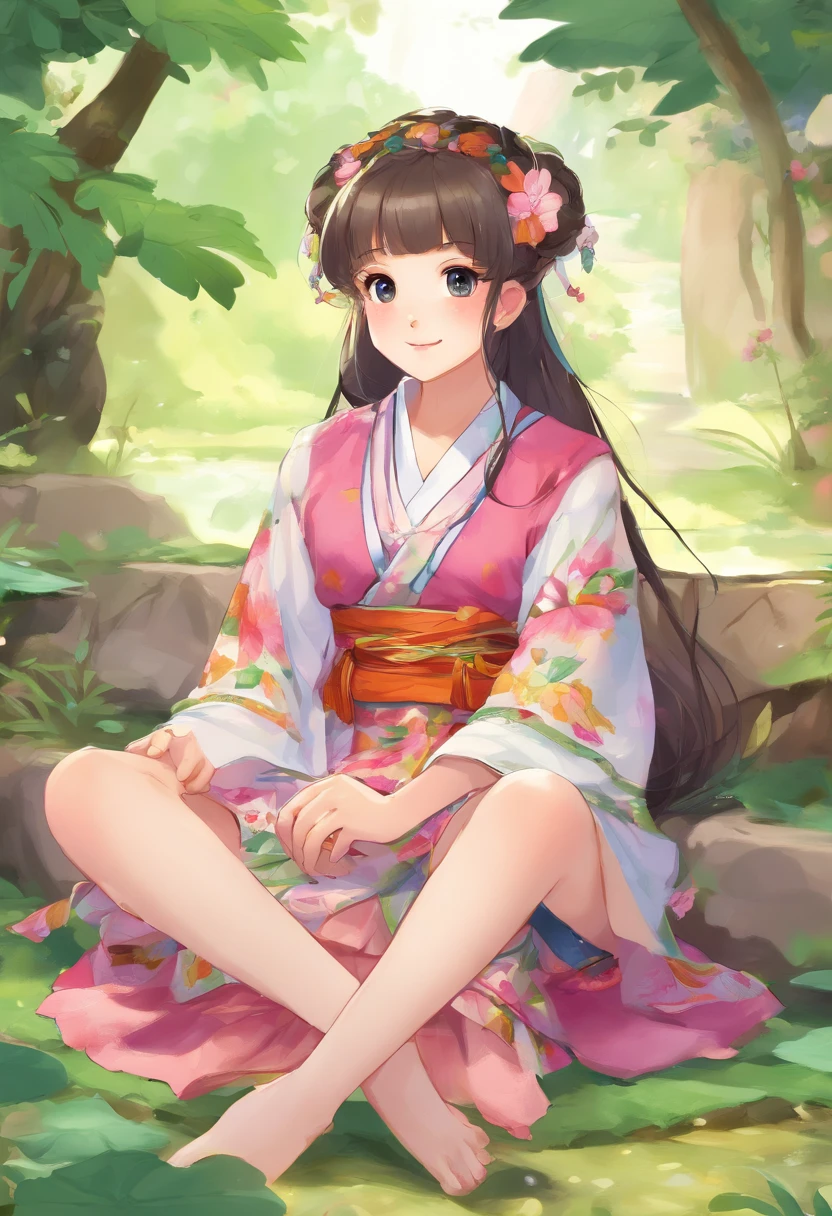 best qualtiy，tmasterpiece，Hyper-realistic），1 beautiful and delicate portrait of a girl，Playful and cute，Pink Hanfu, Moon,Chao yang, sonoko, Bamboo, water lily, hot onsen, vapour, (illustration: 1.0), Epic composition, Realistic lighting, HD details, Masterpiece, Best quality, (Very detailed CG unity 8k