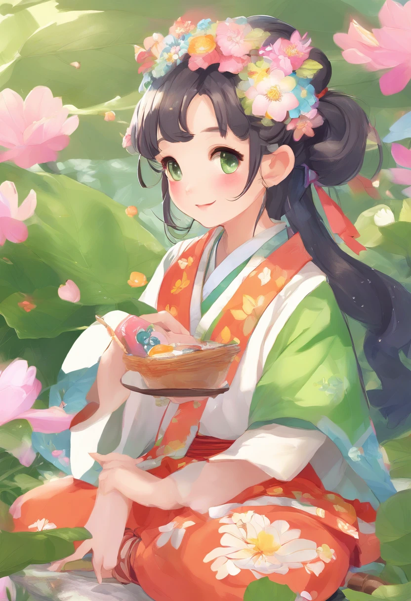 Mountain lotus leaves、Girl Sketching、sitting on、A dark-haired、pigtails、、Village maiden、Green national costume