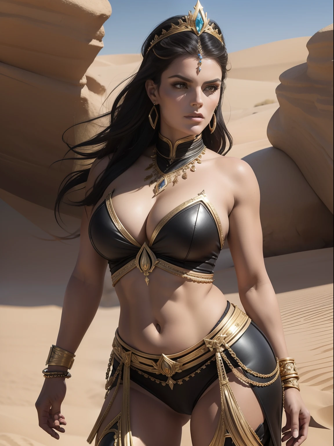 ( dunas do deserto ) Lindsey Vonn with black hair like a MYTHOLOGICAL DIVA in a black leather armor with gold details, golden armlets, braceletes dourados largos, discreta tiara dourada na testa coxas expostas, Arms flexed with clenched fists, look-at-camera , athletic curvy body, looking-into-camera, Musculatura suavemente definida, Front view, perspectiva de corpo inteiro, Realismo 32K