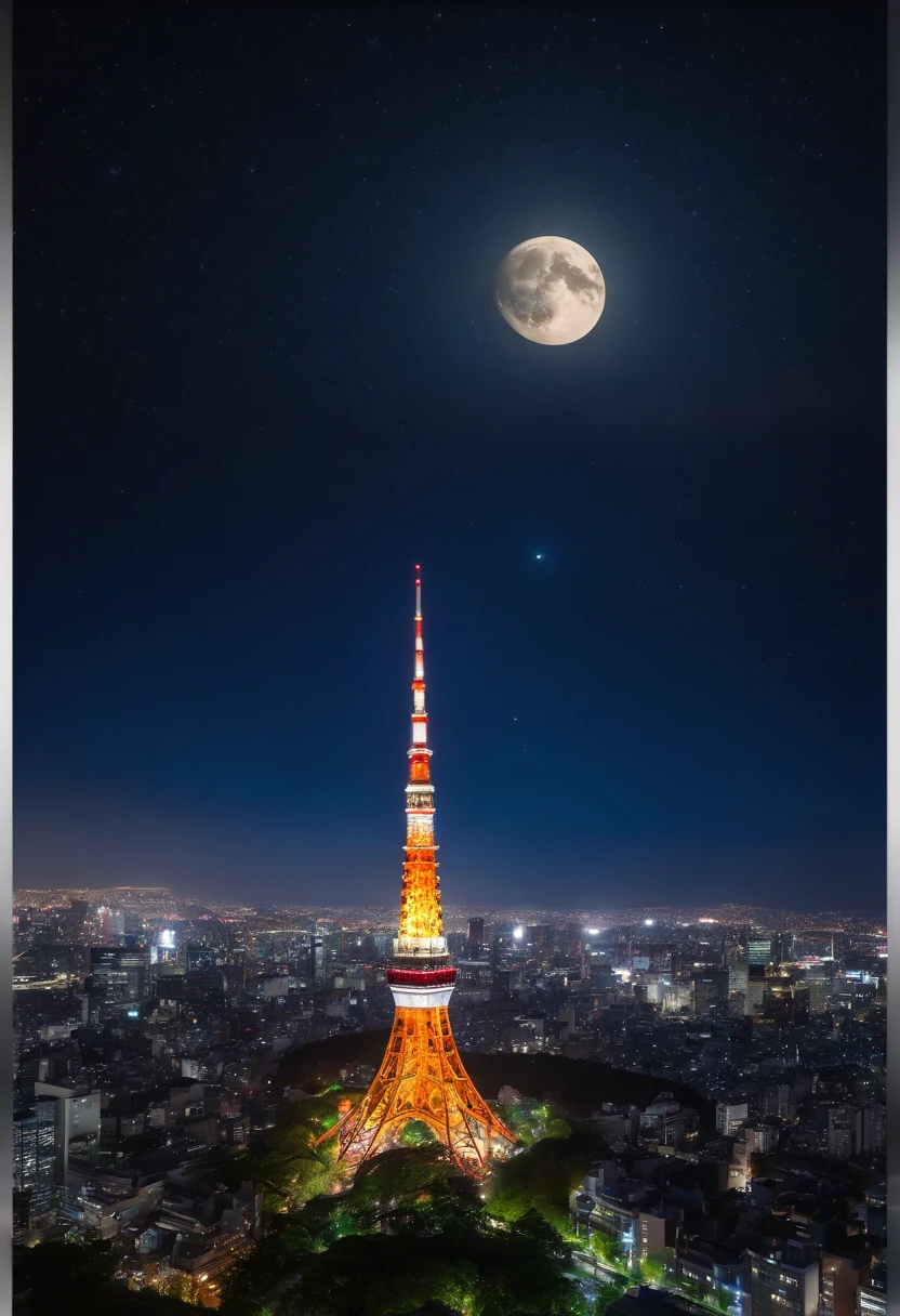 ((Tokyo Tower))Giant crescent moon、high-level image quality、raw、Standing at Tokyo Skytree、20-year-old woman、nighttime scene、Milky Way Galaxy、Andromeda Nebula、tokyo streets、Flowing Lines of Light、Meteor swarm、((Approaching the Moon))